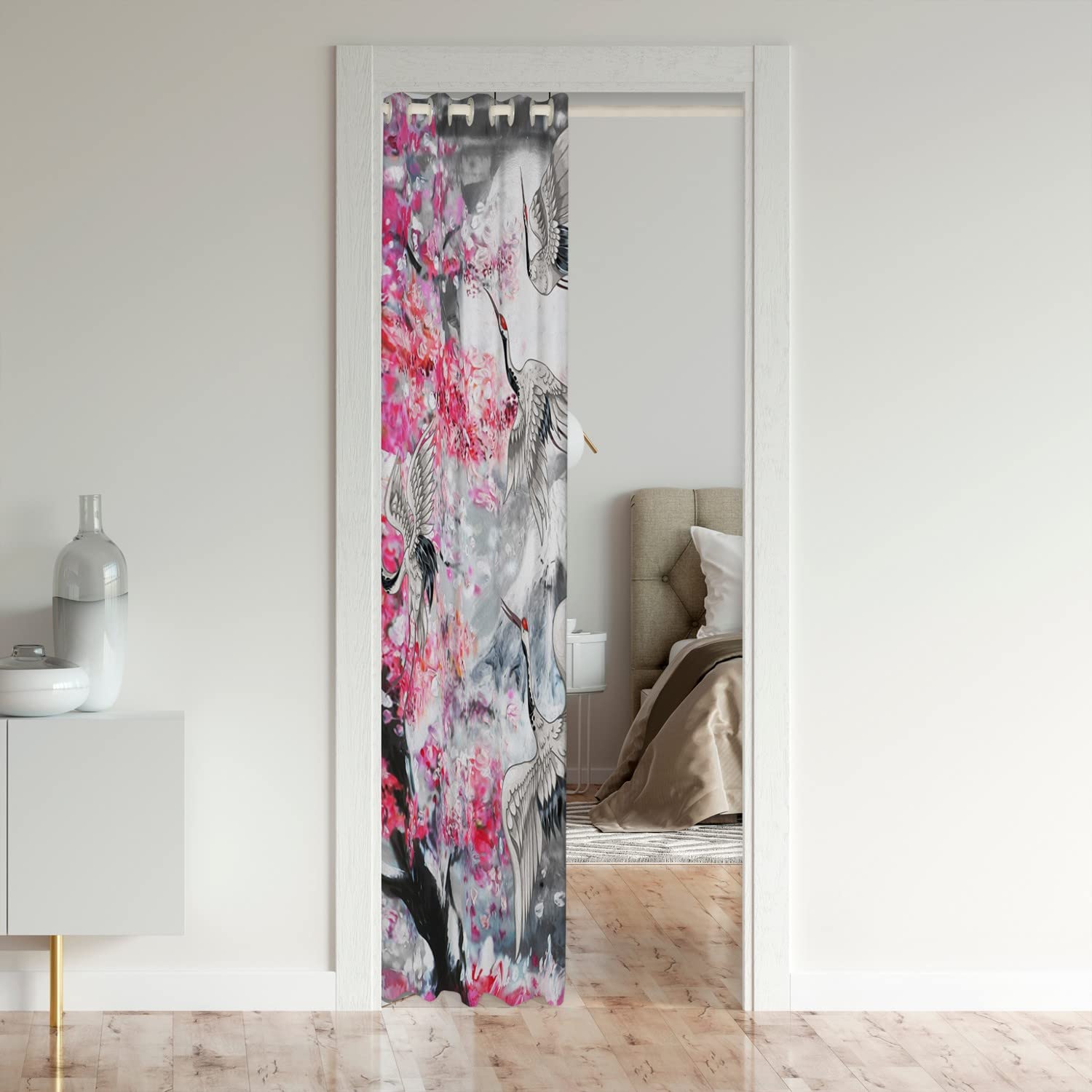 Loussiesd Japanese Style Door Curtain for Doorway Privacy Crane Closet Door Cover Curtain for Bedroom Living Room Floral Botanical 30%-50% Room Darkening Blackout Curtain132x203cm 1 Panel - Image 3