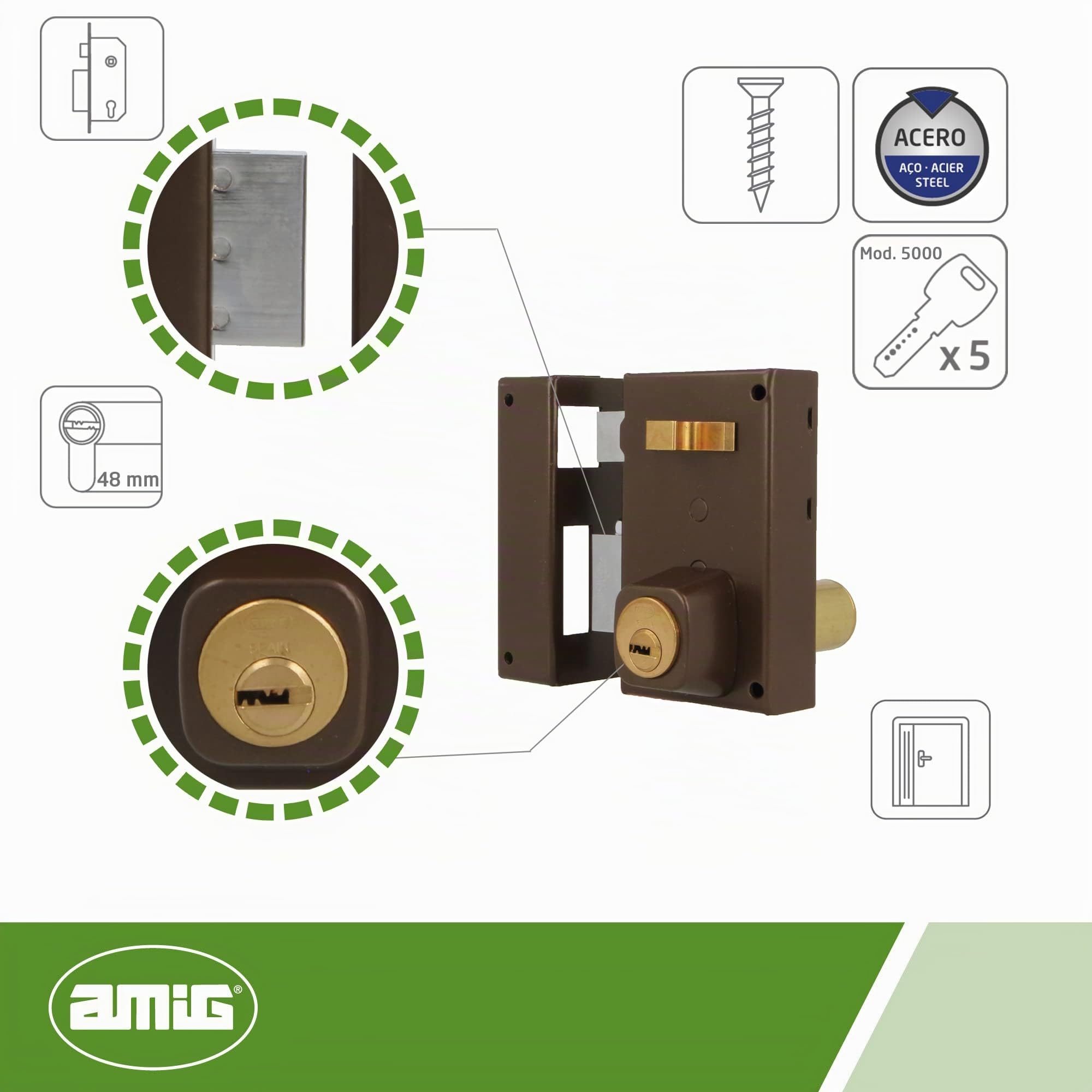 Amig - Cerradura de Sobreponer de Izquierda con Palanca de Cierre - Lengüeta y Tirador para Puertas de Madera - Mod. 75 67 x 112 mm - Cilindro Redondo de Seguridad - Acero - Marrón