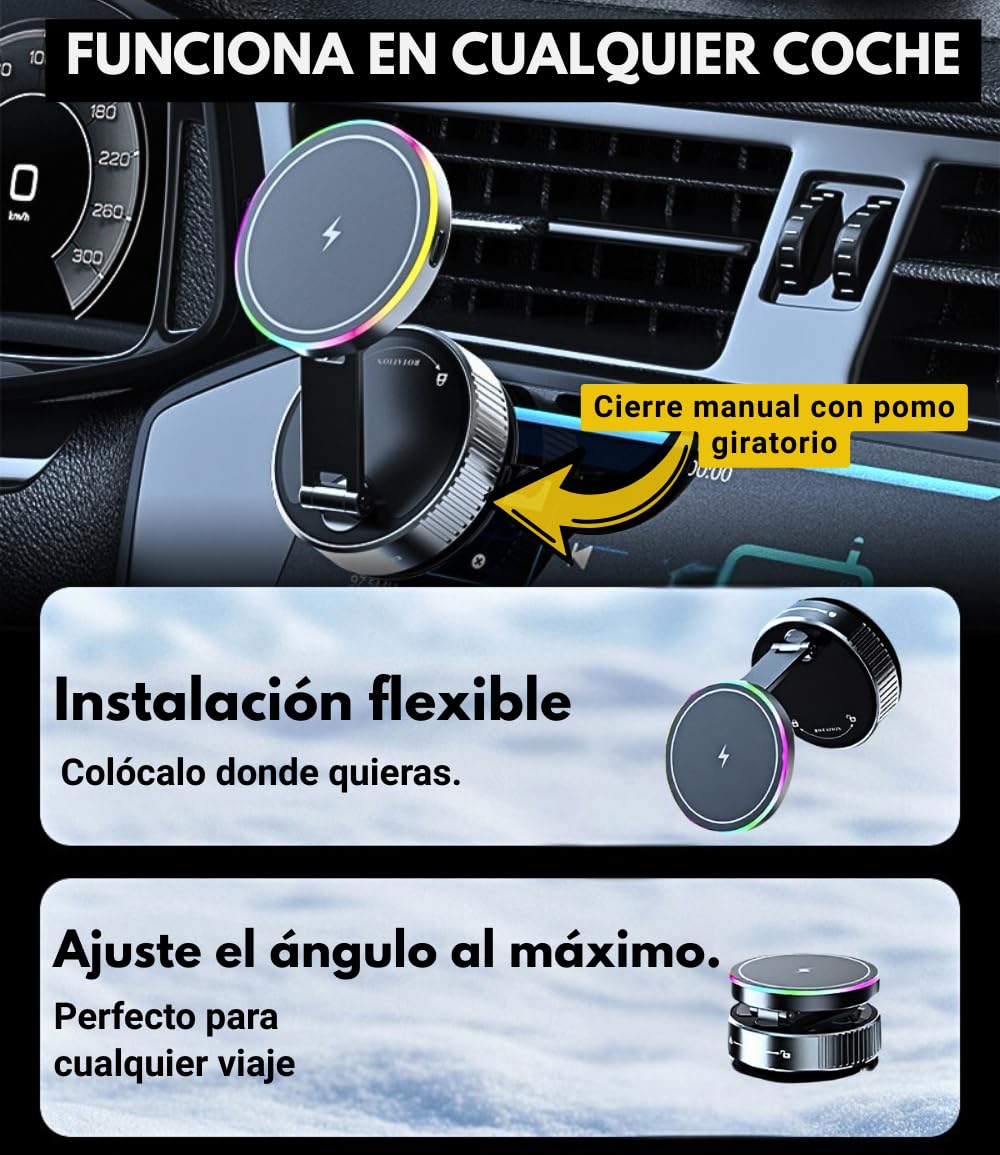 MagAxis Lumen Soporte Movil Coche Magnetico Compatible con MagSafe【Super Imanes N52】Luces LED【360° Rotación, Carga Inalámbrica y Fijación Ventosa】para iPhone 17 16 15 14 13 12 Pro Max Accesorios Coche