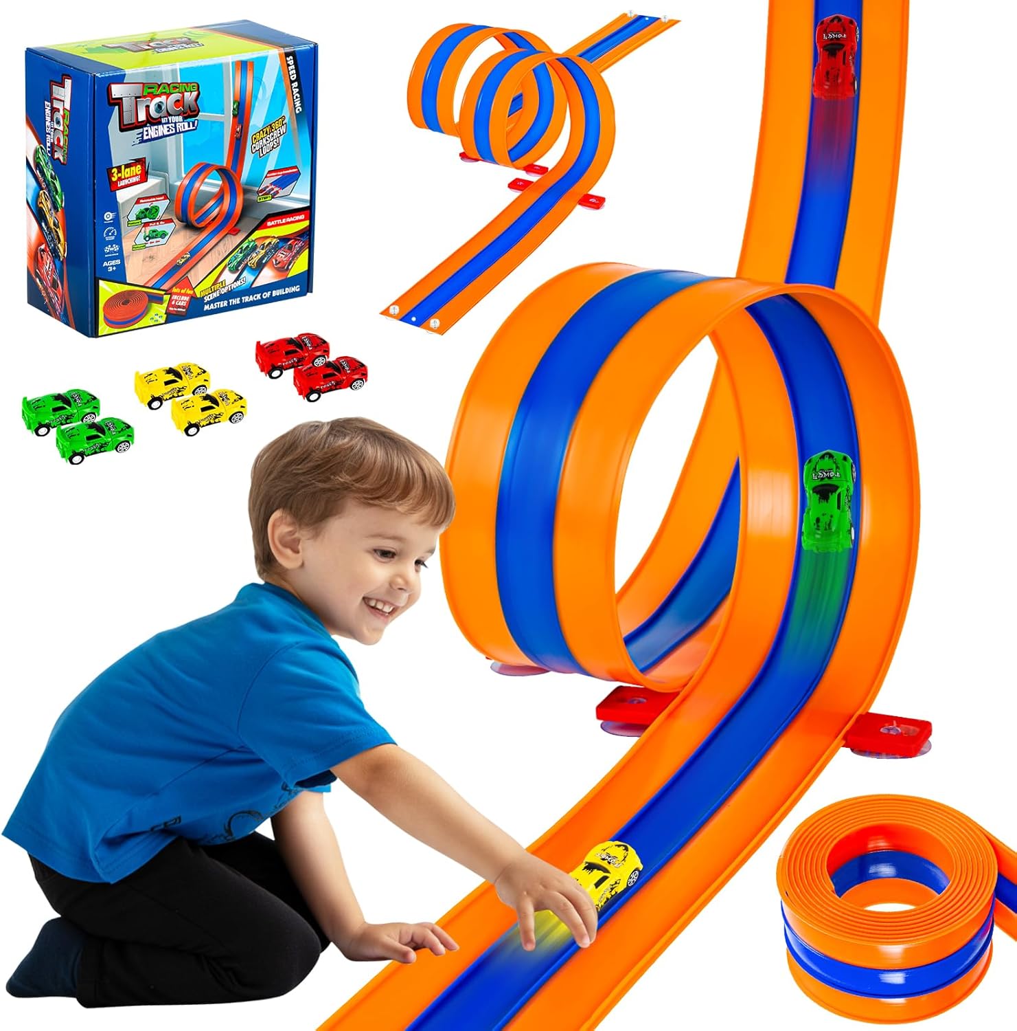 3-Lane 16ft Flexible Race Track for Kids 3+ with Fixed Base & Strong Suction Cups, 6 1/64 Scale Pull-Back Cars