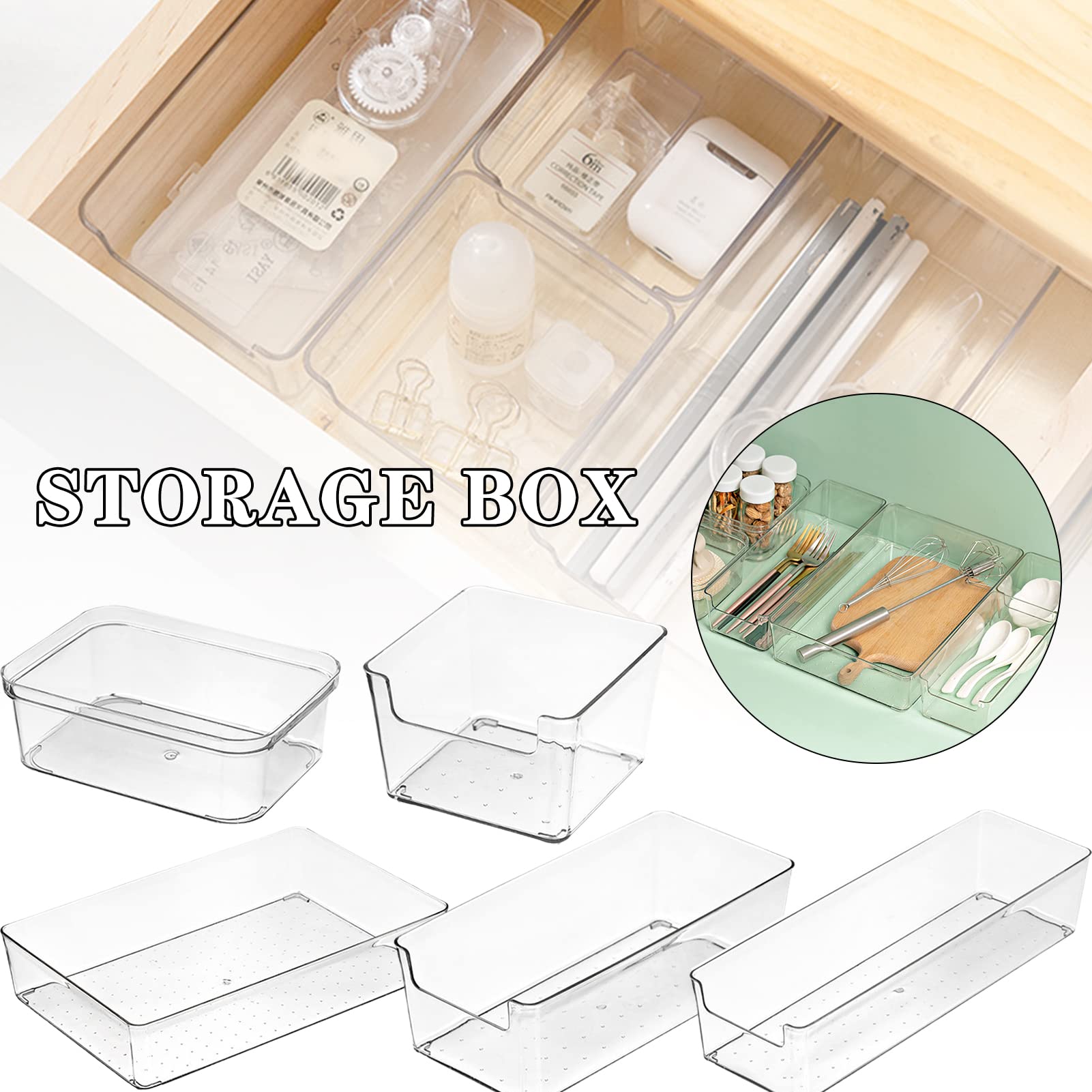 Plateaux de tiroir en plastique transparent – Rangement polyvalent pour cuisine, chambre à coucher, salle de bain, maquillage, séparateurs transparents, petits bacs carrés pour des espaces sans