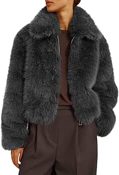 Tankaneo Womens Cropped Faux Fur Jacket Shaggy Lapel Zip Up Winter