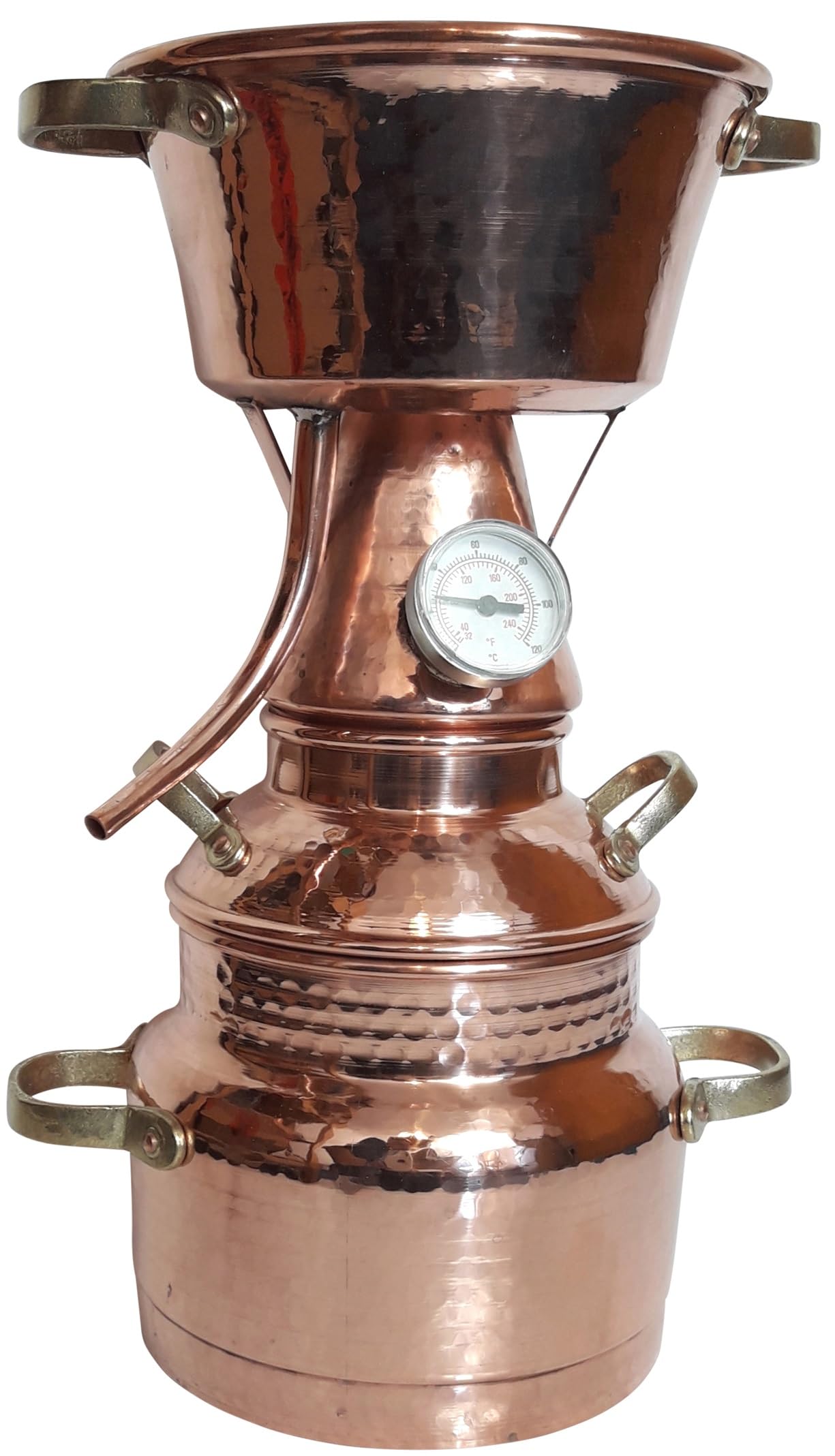 Destille Alquitara aus Kupfer 2 Liter mit Thermometer - Modell mit 3 Sieben (anmeldefrei) | Destillieranlage für ätherische Öle, Hydrolate (Pflanzenwasser), destilliertes Wasser