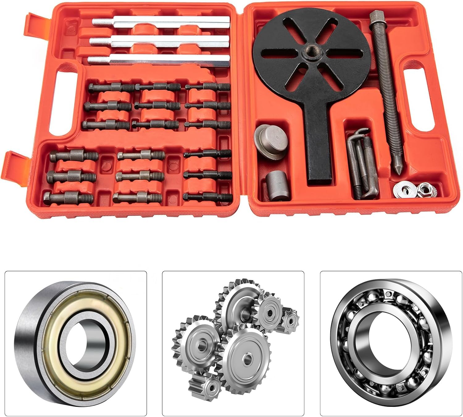 Kit Multifuncional para extraer rodamientos con Martillo Deslizante y Extractor de Orificios internos, 3 mordazas Curvas y 18 extractores para rodamientos Ajustados.