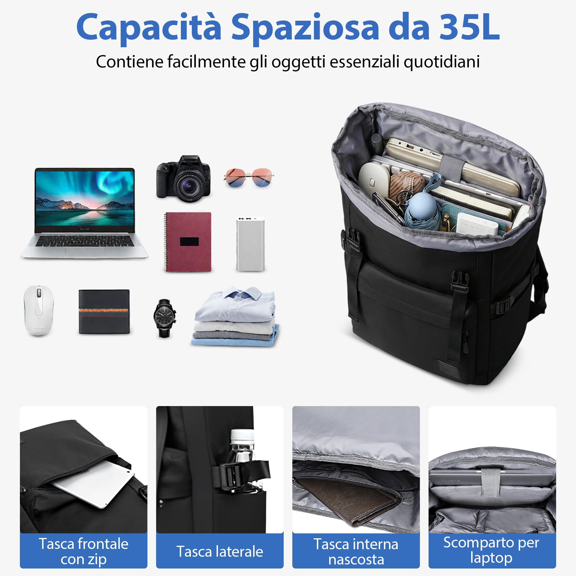 Zaino Elegante Grande per Uomo - 15.6 Pollici Computer Portatile con Cinghia Posteriore - Impermeabile per Ufficio, Viaggio, Campeggio, Lavoro, Escursionismo, Quotidiano - Nero