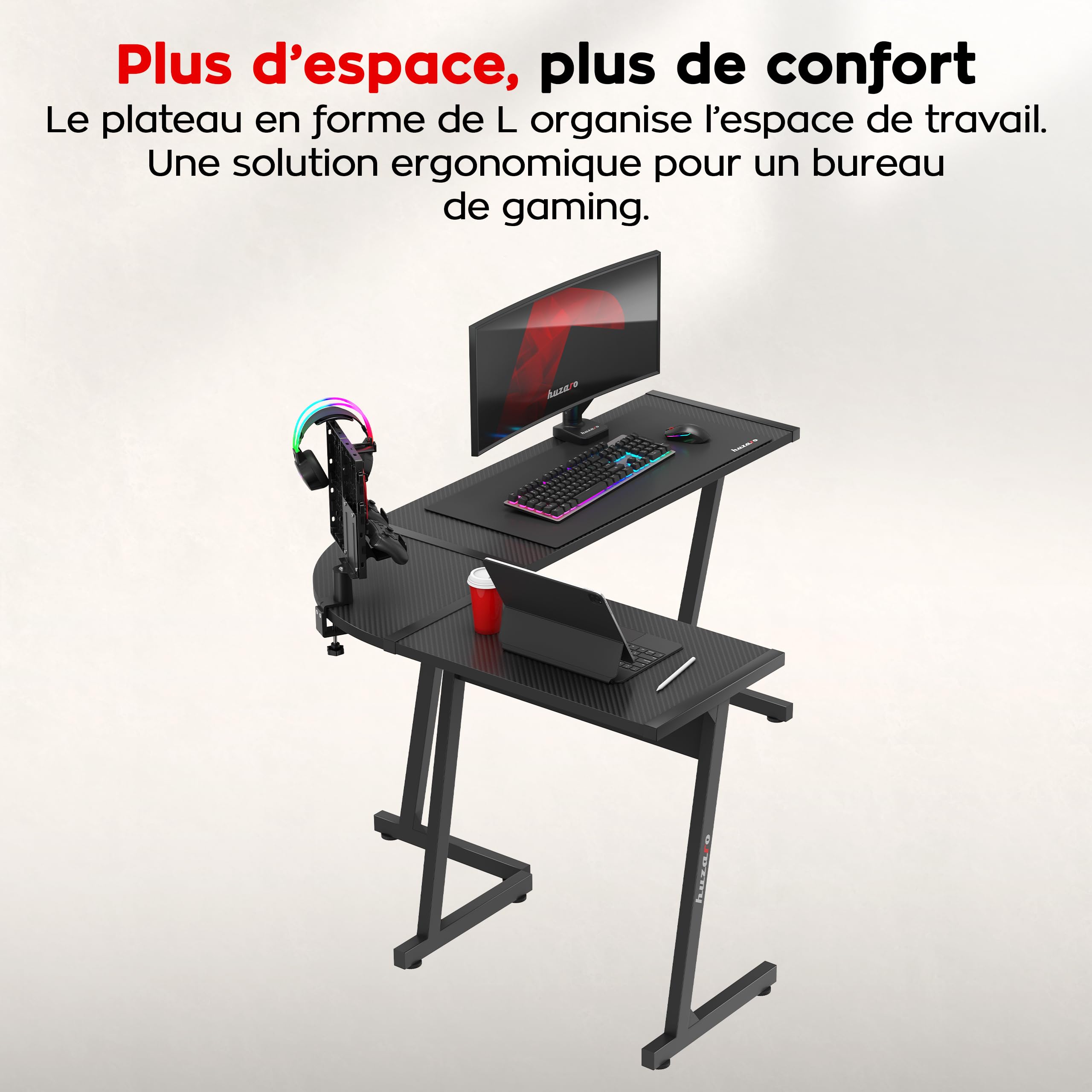 huzaro Hero 6.0 Bureau d'angle en Forme de L, Poste Gamer, 147x112cm, Noir