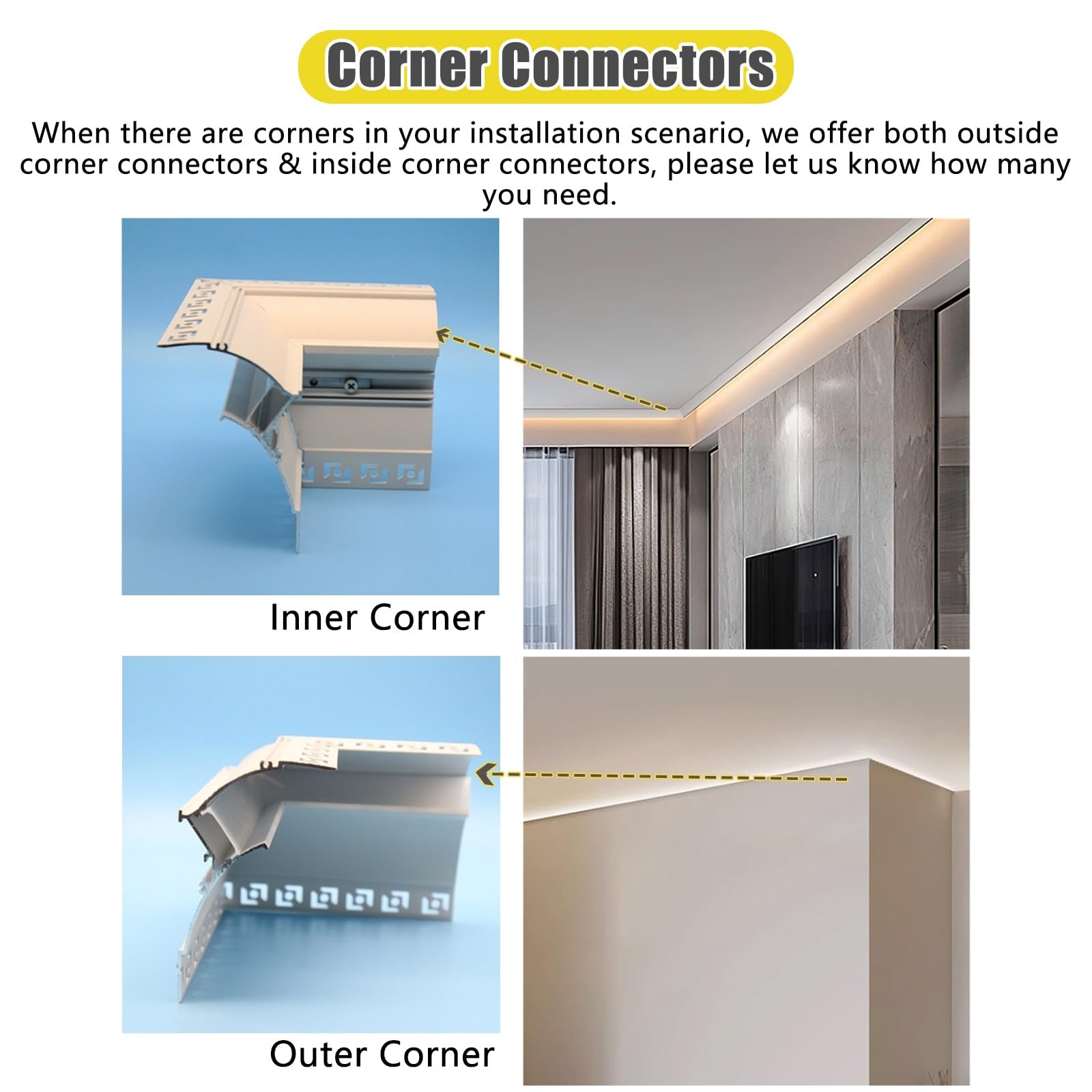 Illuminazione a LED per modanatura a corona per bordo di parete e soffitto, finiture in alluminio con canale diffusore, profilo decorativo per luce d'atmosfera