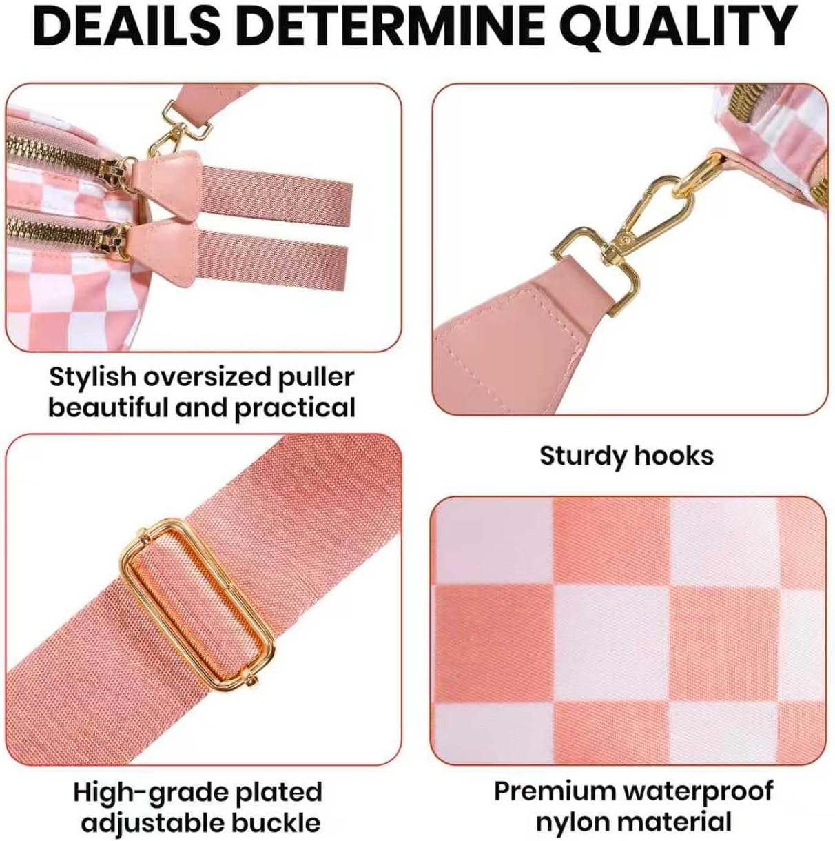 Checkered Crossbody Bag Bum Bags for Women, Spacious Nylon Fanny Packs Belt Wallet (pink checkered) - Image 4