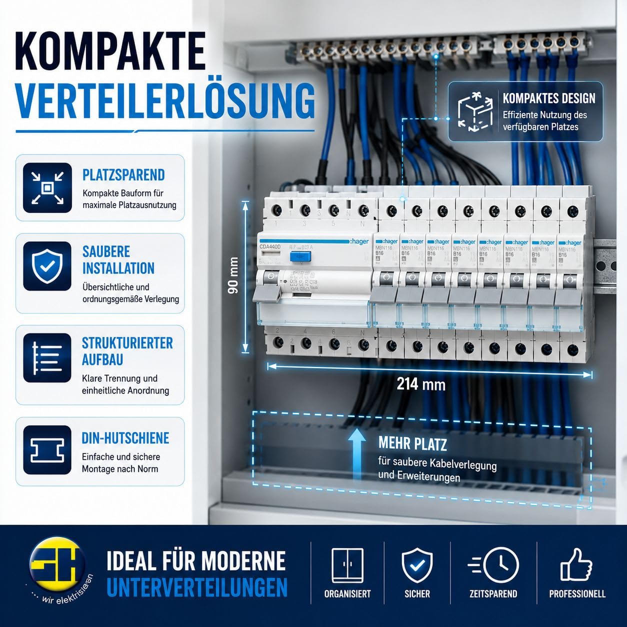HAGER FI Schutzschalter Set 40A 30mA 4-polig 3P+N mit 8x B16A Sicherungsautomat 6kA, FI LS Paket für Unterverteilung Schaltschrank DIN Hutschiene inkl. Kammschiene und gh24 Phasenprüfer