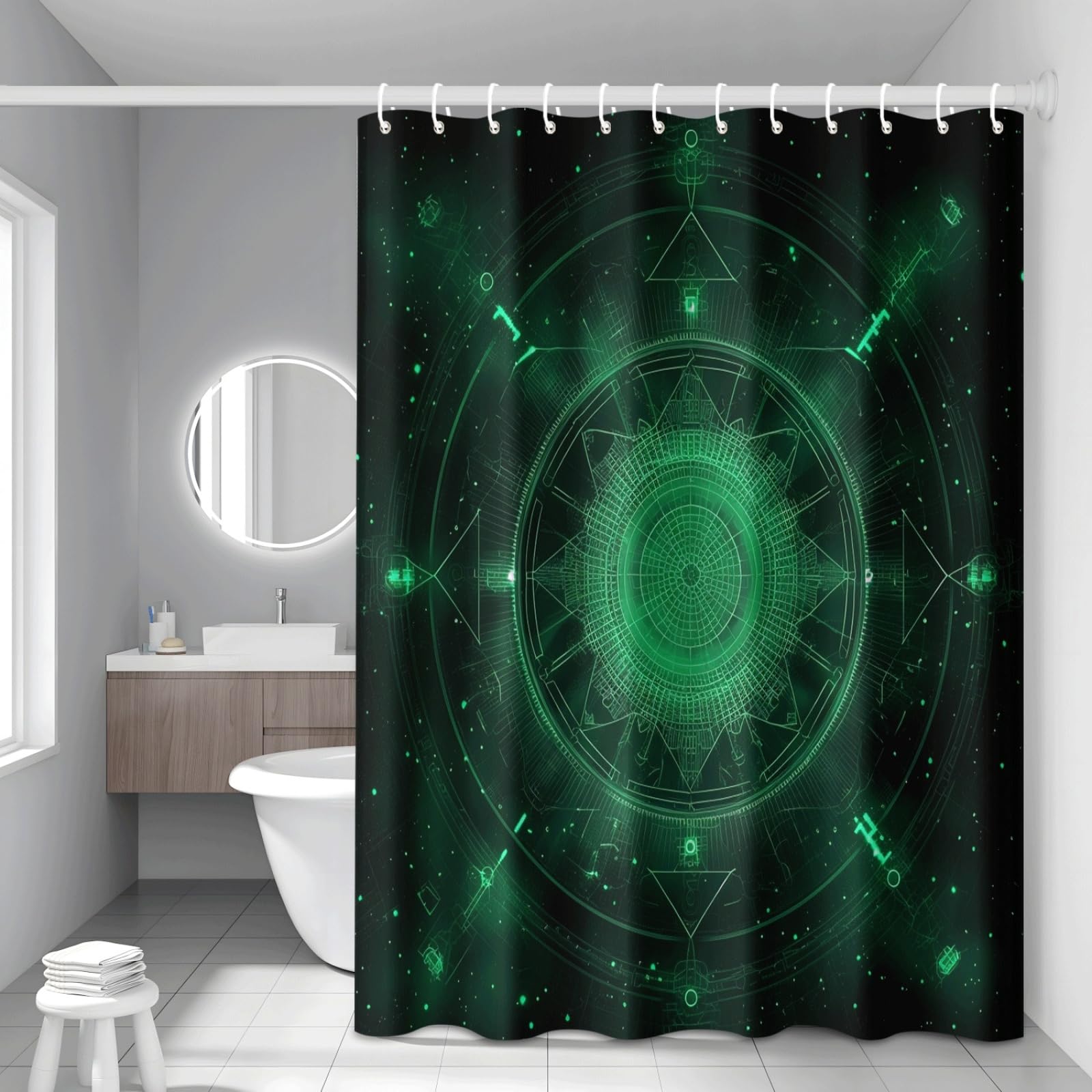 Shower Curtain Green Mandala Mould Resistant Shower Curtains for Bathroom Washable Polyester Bathroom Curtains Decor Wet Room Quick Dry Anti Mould Bath Curtain with 12 Hooks 180x220cm