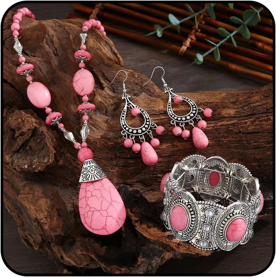 Pink Turquoise Jewelry Set for Women, 3Pcs Vintage Boho Western Statement Necklace Earrings Bracelet Chunky Silver Turquoise Jewelry Gift for Cowgirl Party 2026