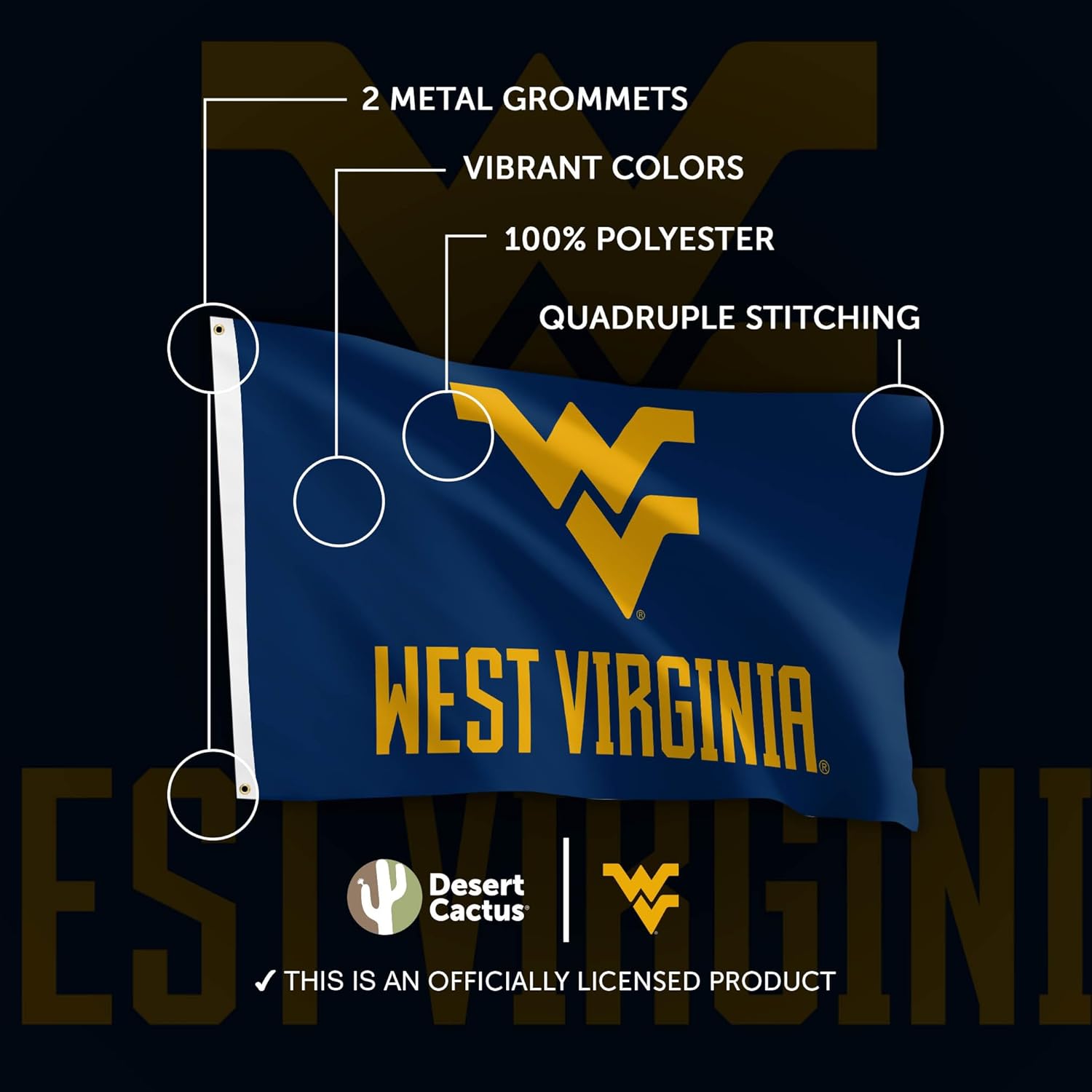 Desert Cactus West Virginia University WVU Flag - 3 x 5 Feet Mountaineers Banner, Indoor/Outdoor Durable Fabric, 100% Polyester Design (Style 5) - Image 4