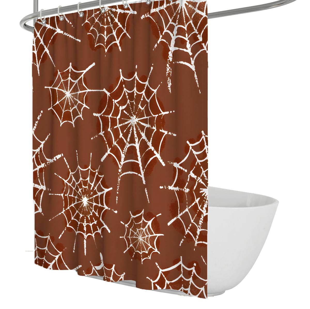 UIRINGART Spider Web Shower Curtain W100xL200cm Gothic Terracotta Brown White Cobweb Halloween Patterns Waterproof Quick Drying Fabric Hotel Bathtub Divider With Hooks