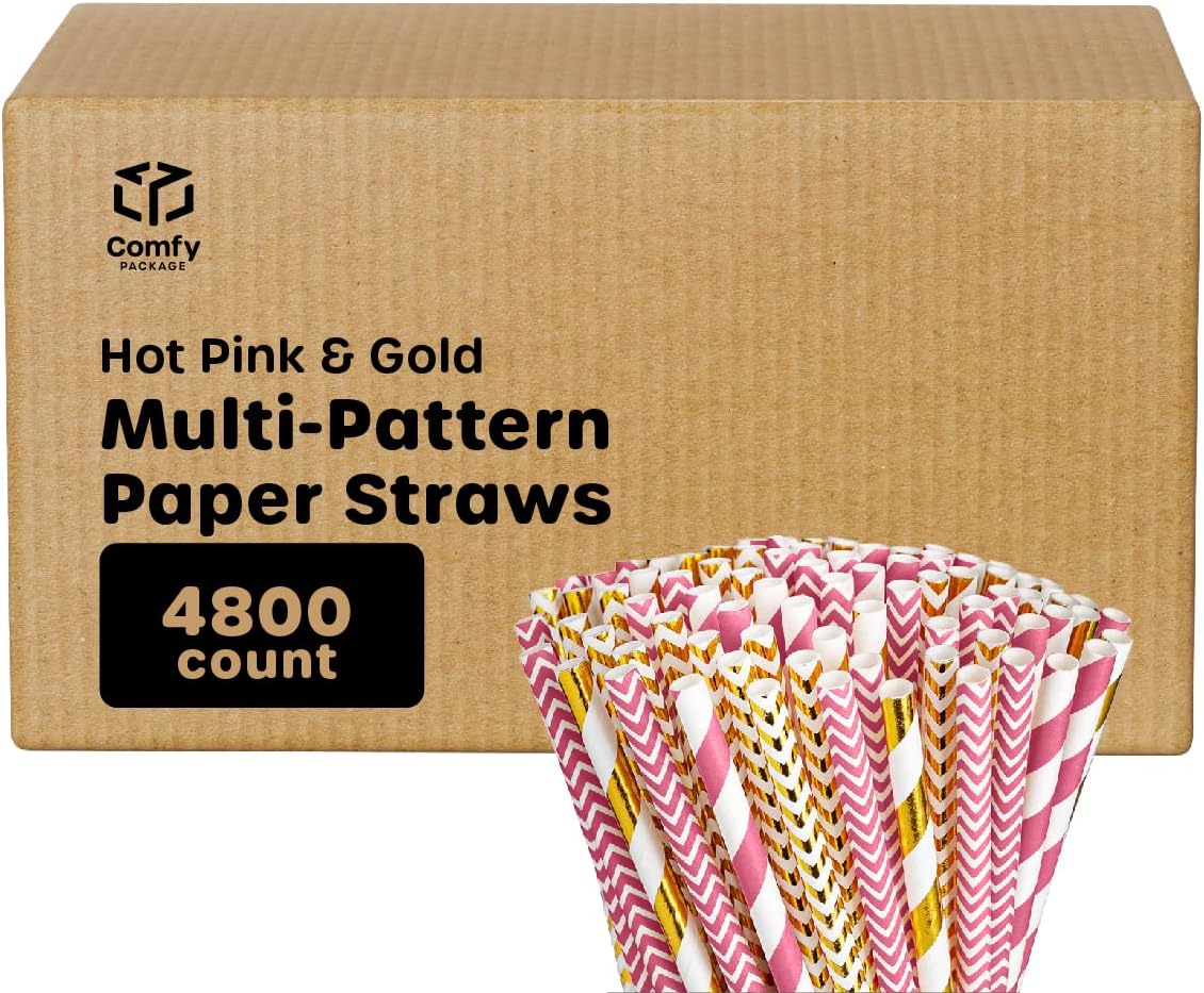 Comfy Package [Case Of 4,800] 7.7"Long Striped Paper Straws, 100% Biodegradable Disposable Straws for Drinking and Crafts - Assorted Colors