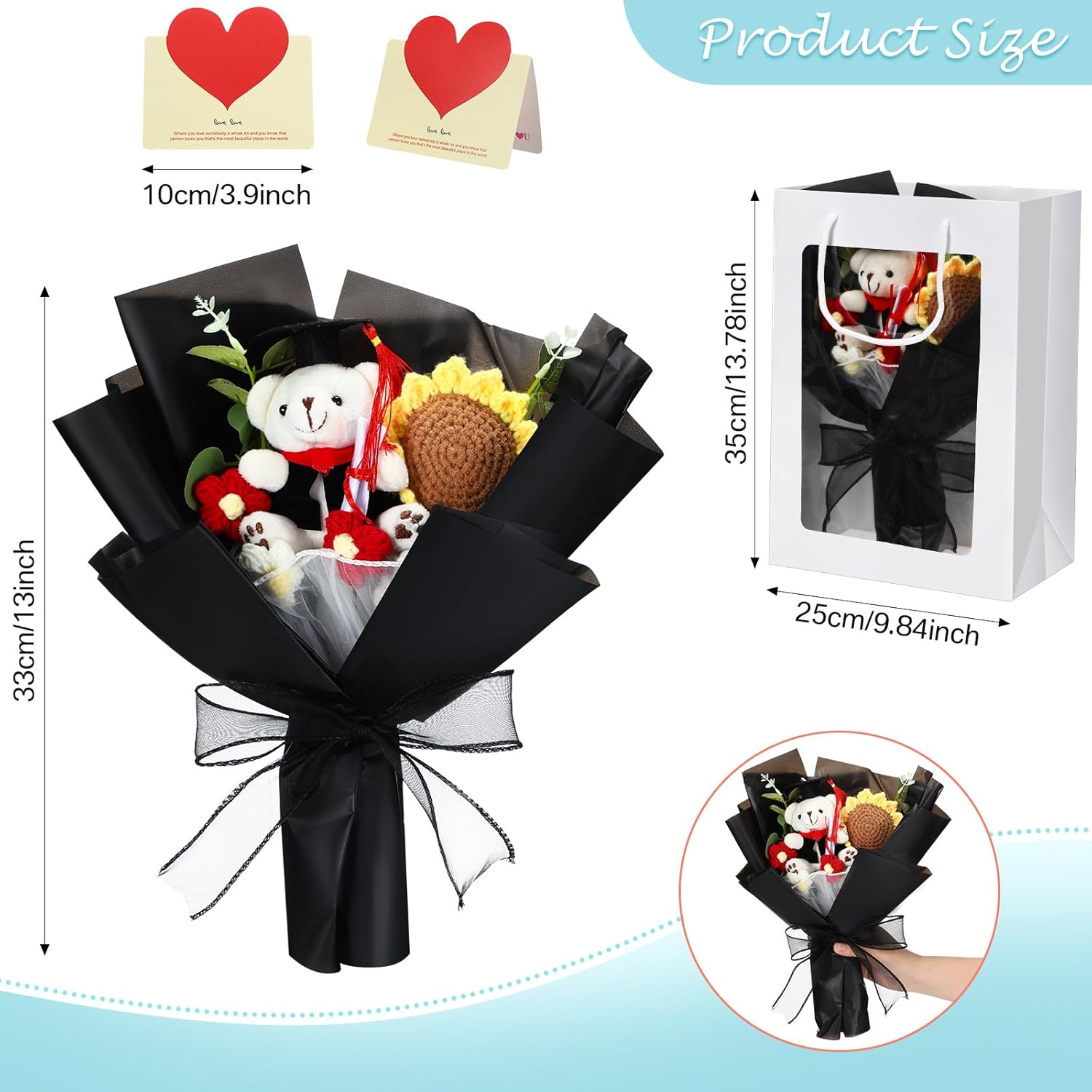 Graduation Crochet Flower Bouquet Set Includes Stuffed Bear Knitted Sunflower Daisy Eucalyptus Greeting Card Gift Bag 2026 Black Flower Bouquet Graduation Gift