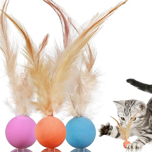 Pelotas de juguete para gatos con plumas, 3 pelotas interactivas para gatos de interior y gatitos juguetones, juguetes de goma para juegos
