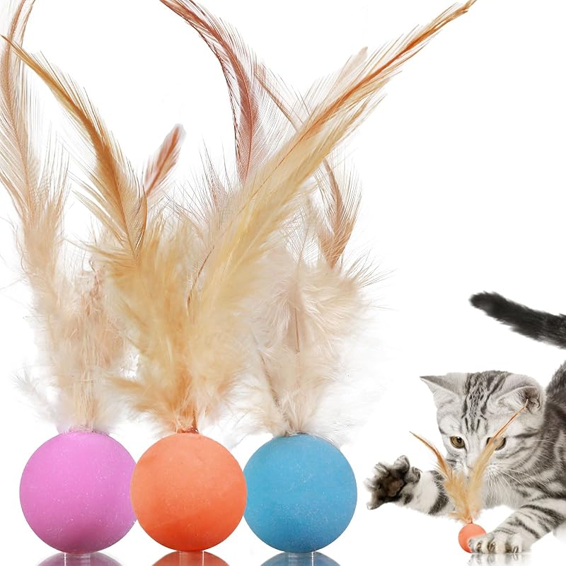 Brinquedo para Gatos Bola de Borracha com Cauda de Penas MeowAroma, Pacote com 3