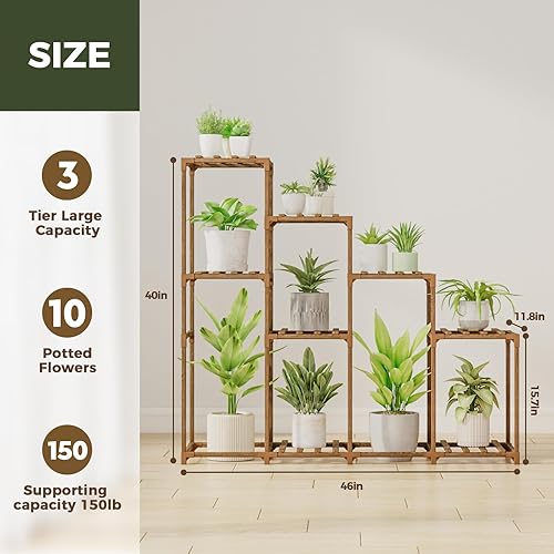 Miniatura 6 de Bamworld Soporte alto para plantas de interior, estante de madera para plantas al aire libre, estante escalonado para múltiples plantas, 4 niveles,