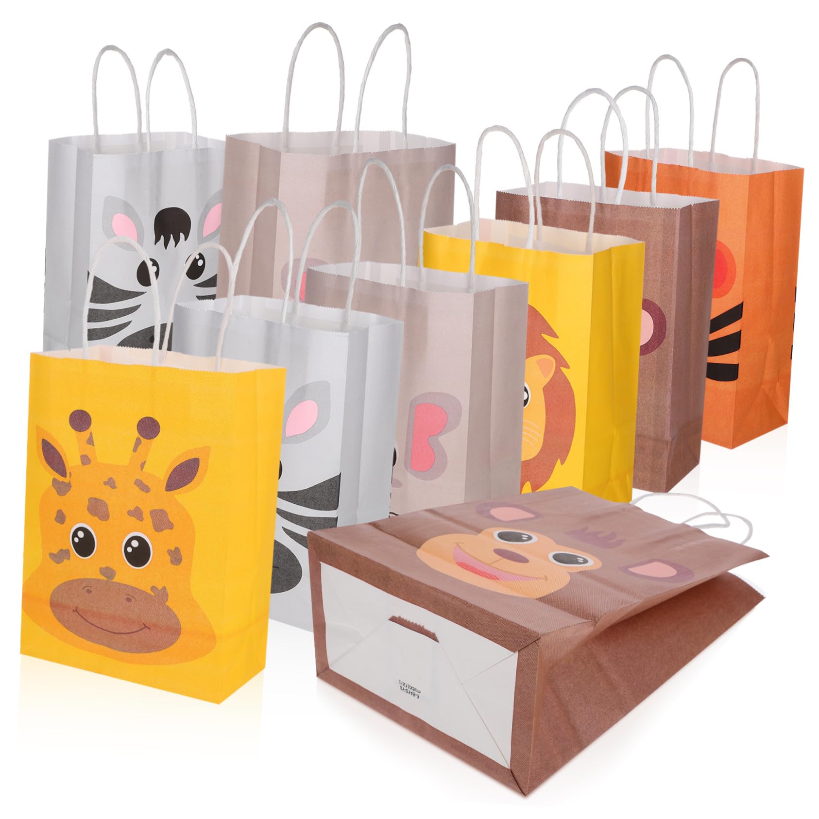 SKISUNO Geschenktüten Vielseitig Einsetzbar aus Kraftpapier mit Tiermotiven 24 Stück und Henkel in Verschiedenen Farben für Kindergeburtstag und Partys
