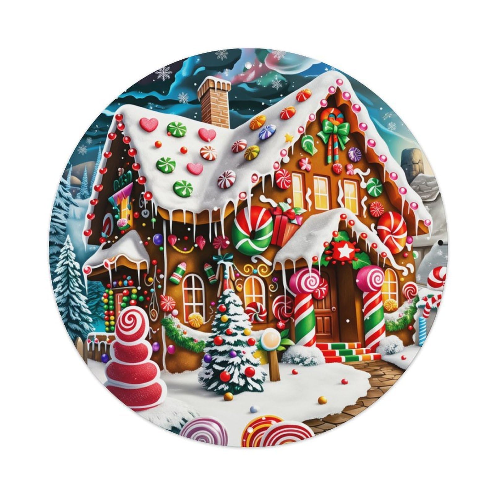 Candy House Winter Christmas Scene Round Tin Sign Retro Metal Sign for Cafe Bar Pub Home Game Room Gym Club Wall Decoration Vintage Metal Poster 8x8 Inch
