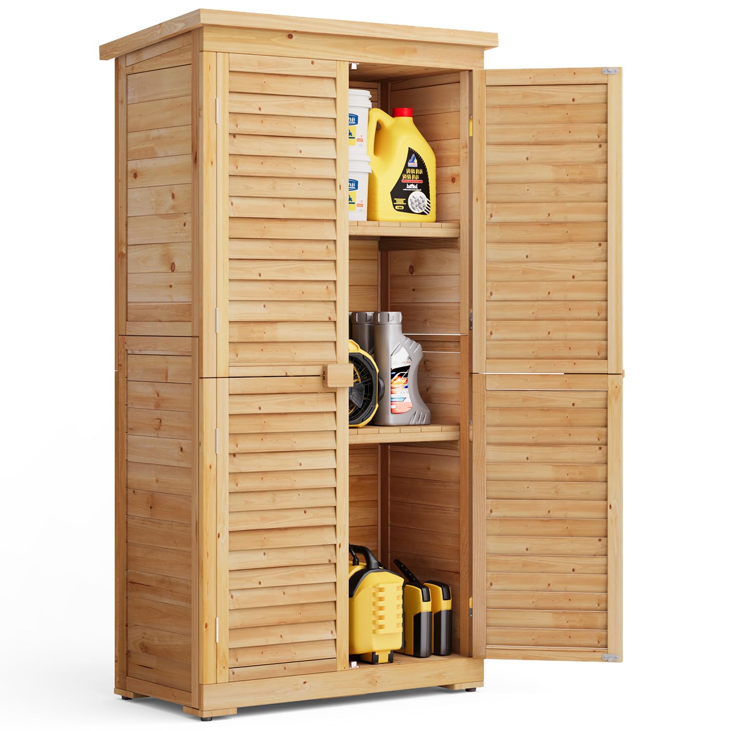 Armadio da Giardino in Legno 160 cm, Resistente agli Agenti Atmosferici con Tetto Inclinato e Dispositivo Bloccabile, Armadio per Attrezzi Esterno 87x46.5x160.5 cm Naturale