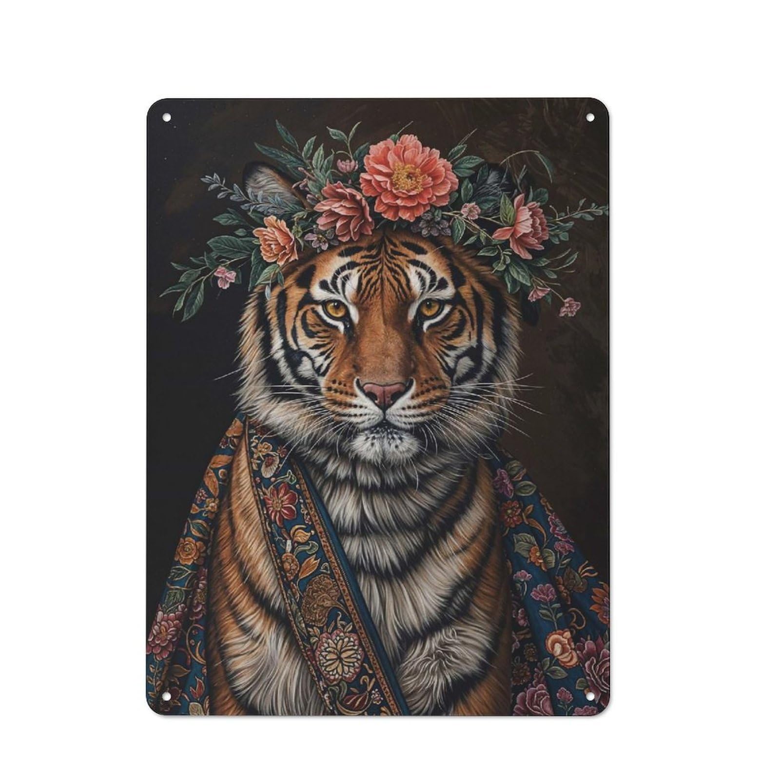 Clean Industrial Tiger with Flowers Decorative Metal Plaque 40x30cm, Loft Wall Plaque for Modern Home, Workshop, Office Or Cafe