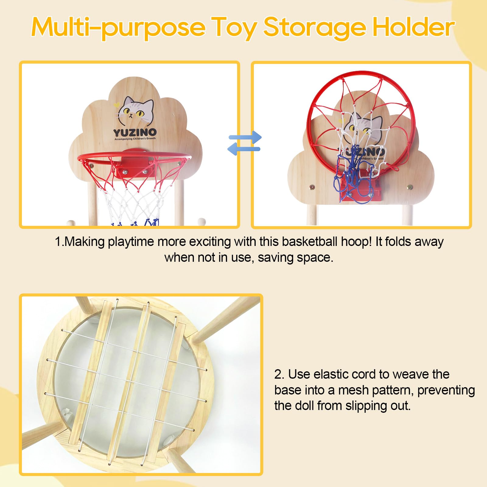 Caja de almacenamiento de 3 niveles para juguetes de peluche de madera con ruedas y canasta de baloncesto, 175 cm, gran soporte para juguetes de peluche con cuerdas elásticas para habitación