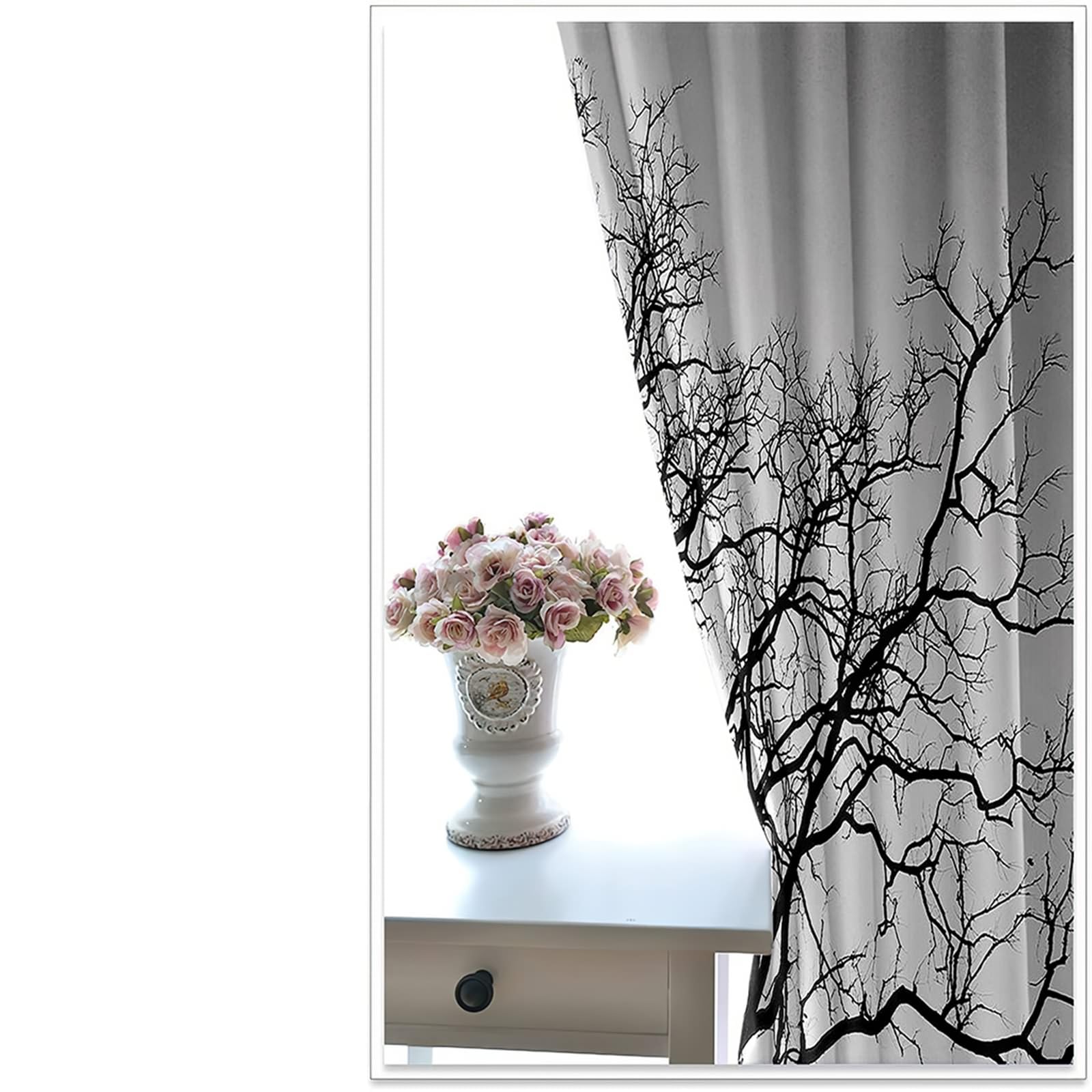 Lot de 2 Rideau Occultant Fenetre, Rideaux Occultants Thermique à Oeillets Paysage de Branches D'Arbres Fenêtre Rideau pour Salon Chambre Decor Intérieurs, 96x214 CM(LxH), Gris