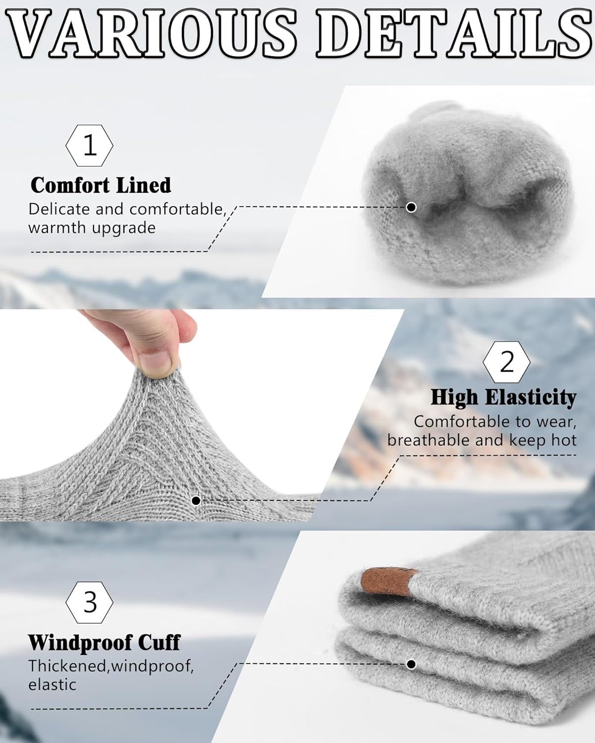 3 Pairs Winter Gloves for Women, 3-Finger Touch Screen Elastic Thermal Knit Lining, Warm Gloves for Cold Weather - Image 3