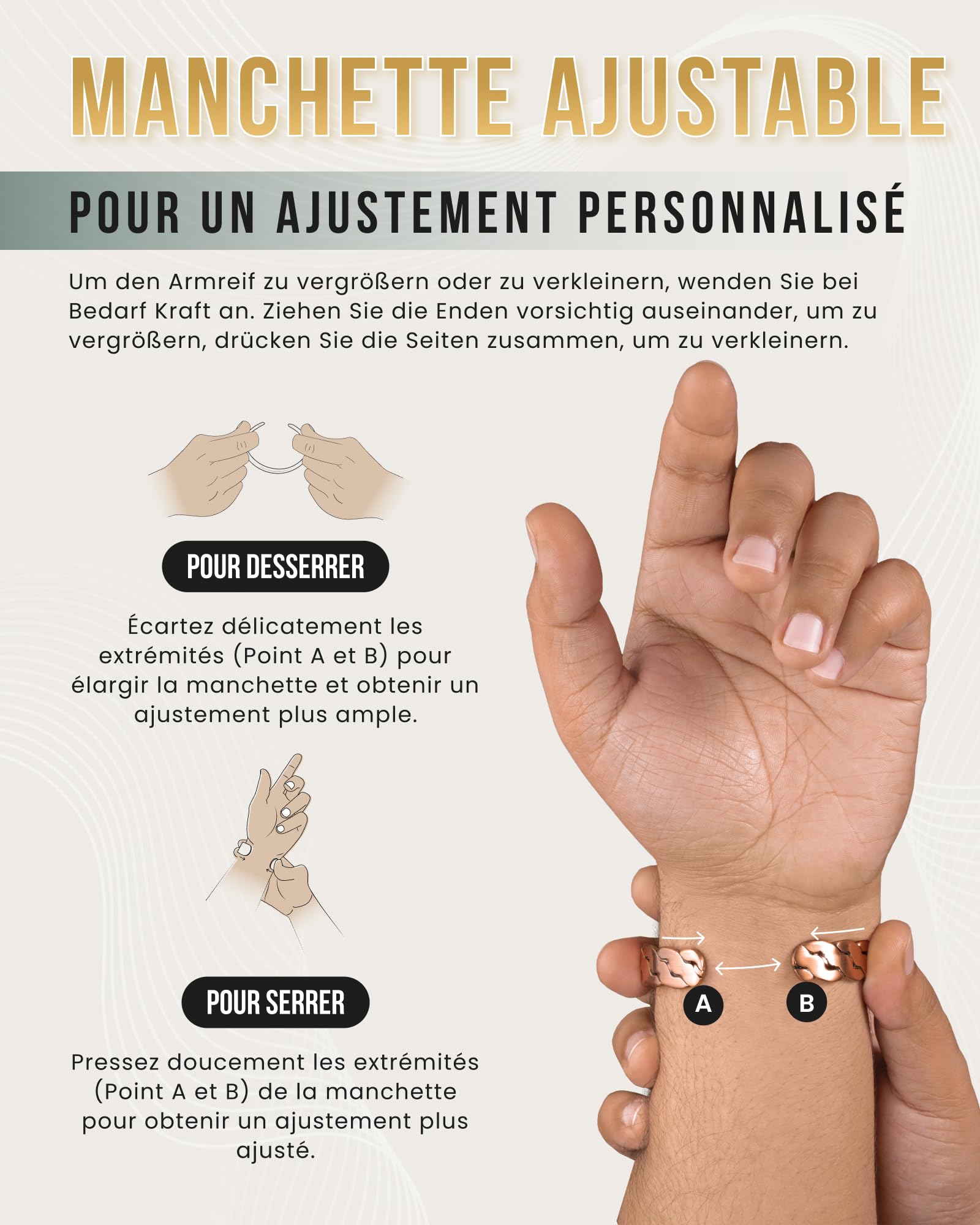 MagnetRX® bracelet cuivre homme et bracelet en cuivre femme – 6 aimants puissants (3500 GAUSS par aimant) – Bijou aimanté pur – Manchette réglable (Argent brossé | Moyen - Grand)