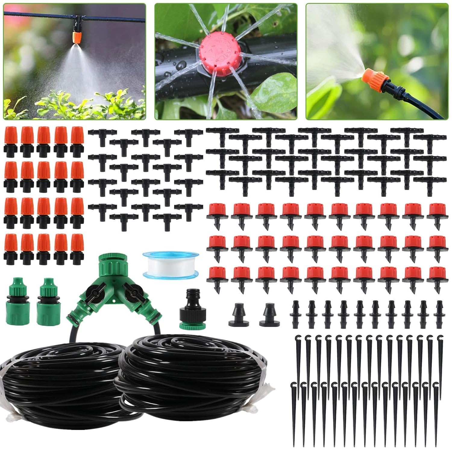 MELIFE 98FT Drip Irrigation Kit with 1/4" Tubing & Adjustable Misting Nozzles - Water-Saving Automatic System for Garden, Greenhouse, Lawn