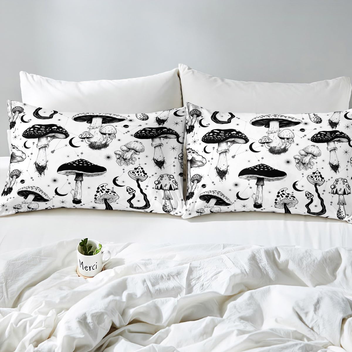Wild Mushroom Bed Sheet Set Full Size,Abstract Sun Moon Starry Bedding Set Gothic Plants Fitted Sheet for Kids Boys Teens Room Decor,Black White Sketch Style Bed Cover with 2 Pillowcases