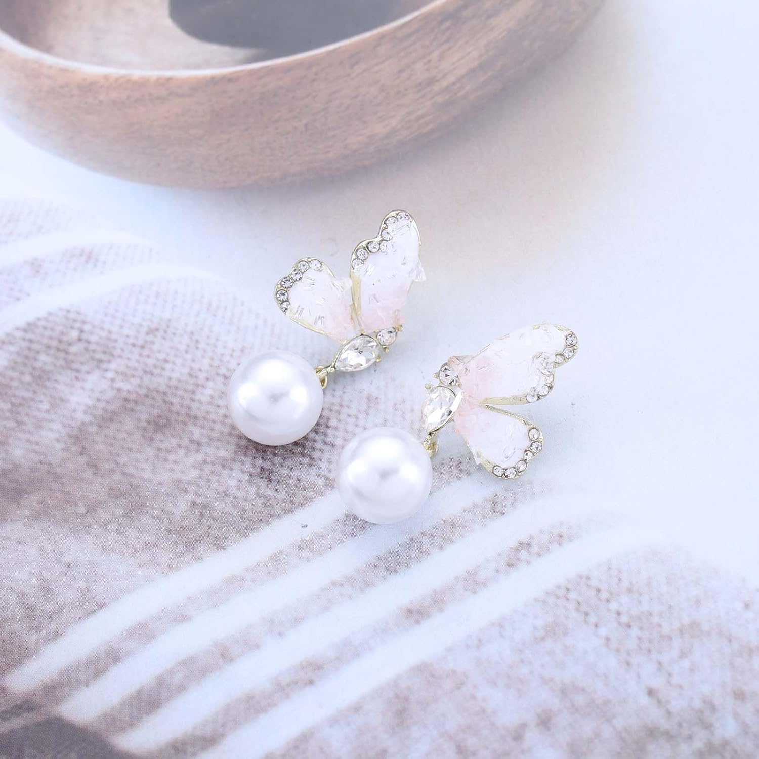 Bohemian Crystal Butterfly Dangle Earrings White Round Pearl Drop Earrings Cz Butterfly Stud Earrings Rhinestone Butterfly Pearl Earrings Jewelry for Women Gifts(Blue) - Image 7