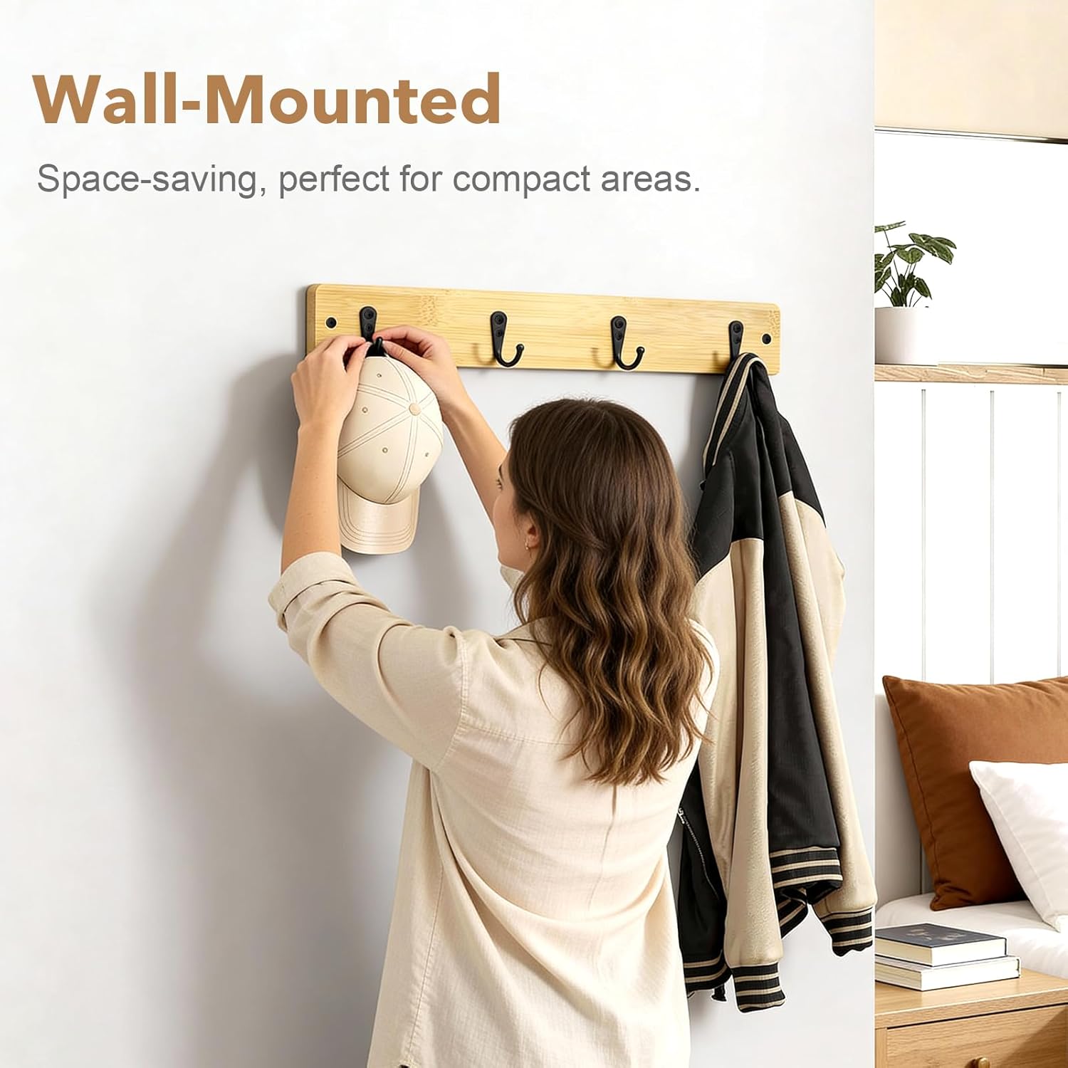 Bamboo Coat Rack Wall Mount, 17 Inches Coat Hooks, Hat Rack for Walls with 4 Hooks, Wall Coat Hooks for Hanging Clothes, Towels, Hat, Backpack, Purse (1Pack, Bamboo)