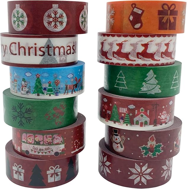 UOOOM 12 Rolls Washi Tape Christmas Designs Decorative Masking Tape Paper Adhesive Tape Stickers Scrapbooking DIY Crafts Gift Wrapping Decoration, 5m x 15mm/Roll (Christmas Red Green)