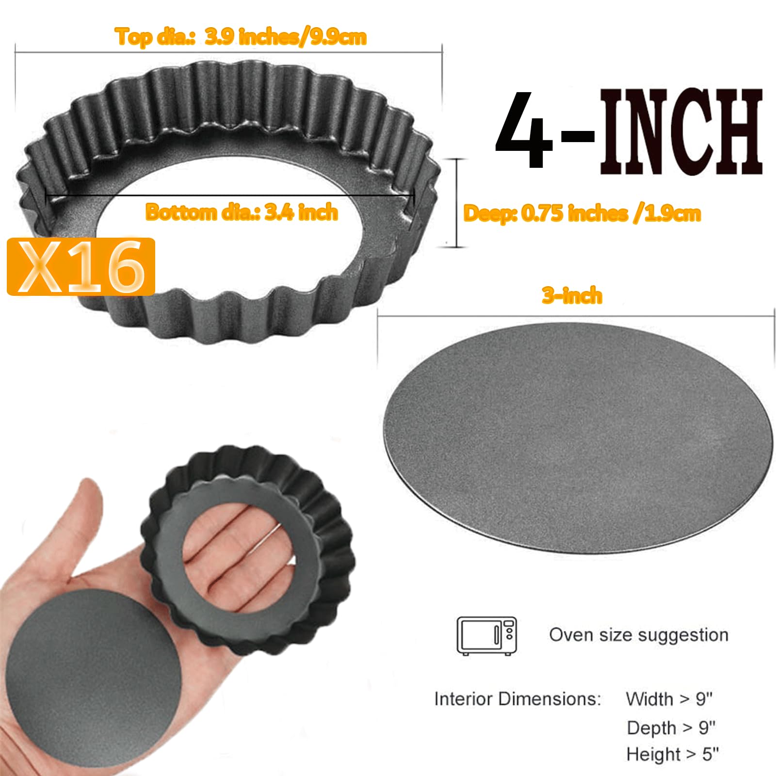 DATANYA Confezione da 16 mini teglie da 10 cm con fondo rimovibile, rotonde, antiaderenti, resistenti, per torte, mousse, dolci