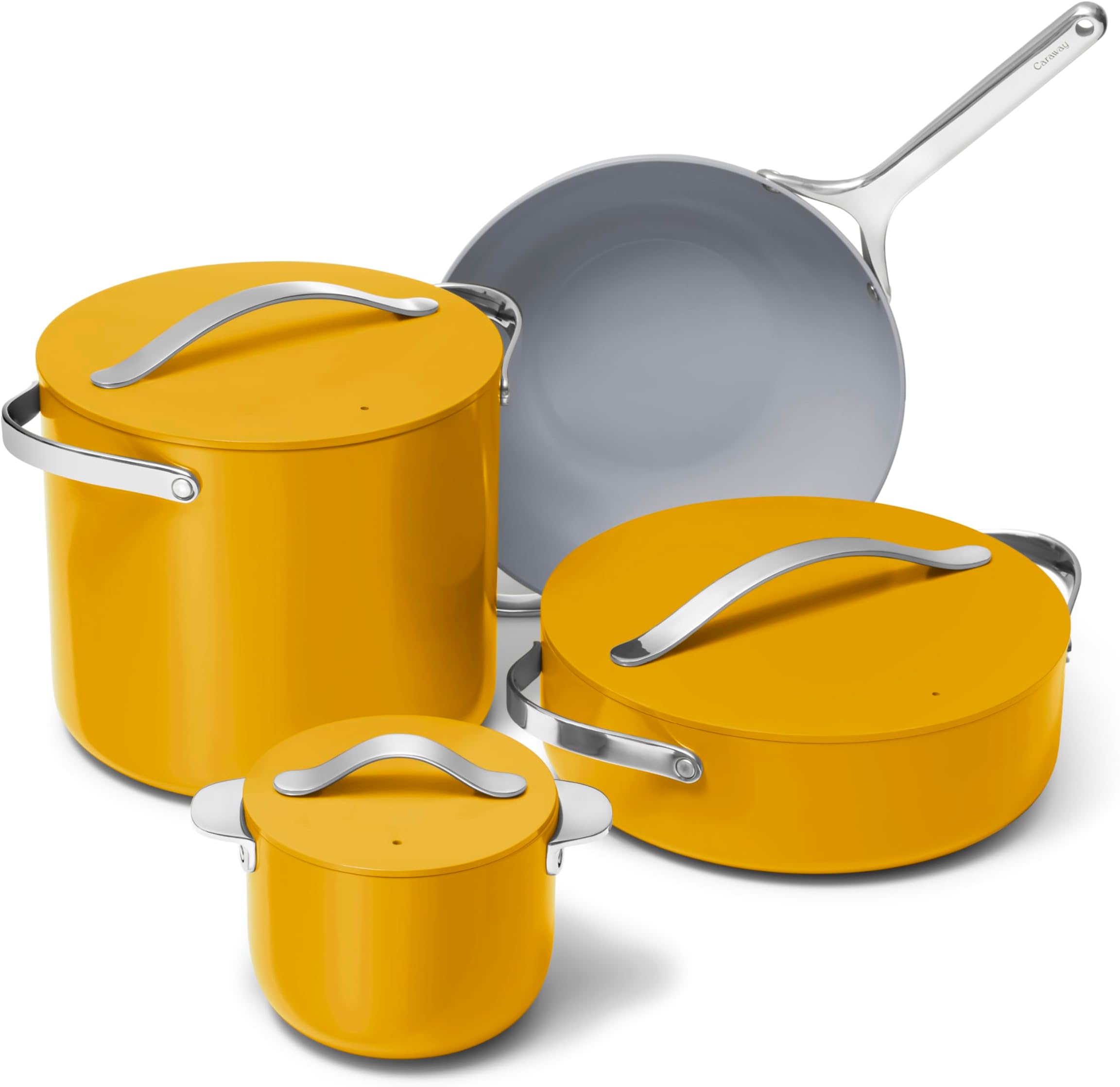 Cookware+ Collection - Specialty Cookware Set - Petite Cooker, Stir Fry Pan, Rondeau, & Stock Pot - 3 Lids & Storage Organizer Included - Marigold