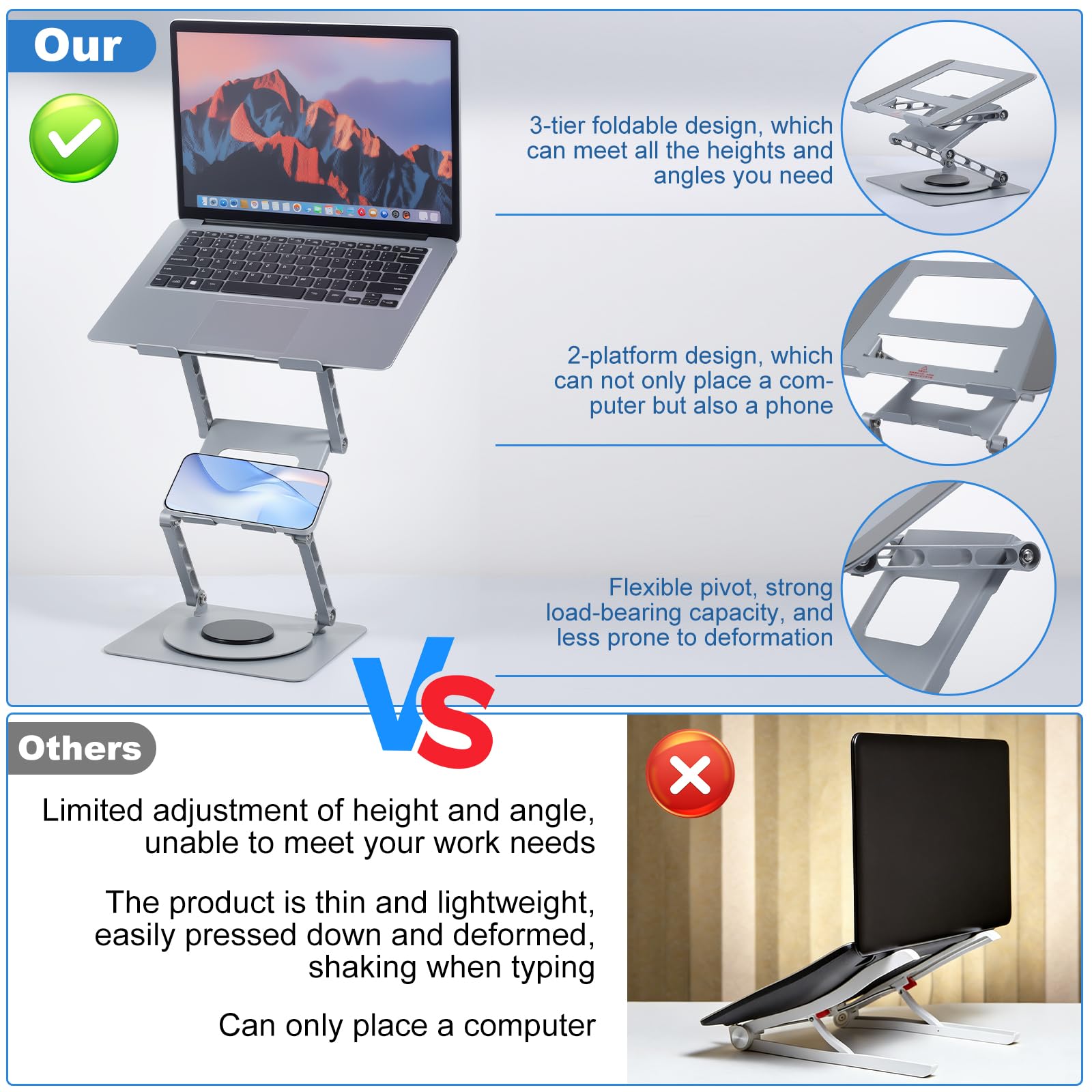 Supporto da scrivania per computer portatile, ergonomico, regolabile in altezza a 360°, supporto per computer in alluminio ventilato compatibile con MacBook Air, Dell XPS, laptop da 10 a 17,3