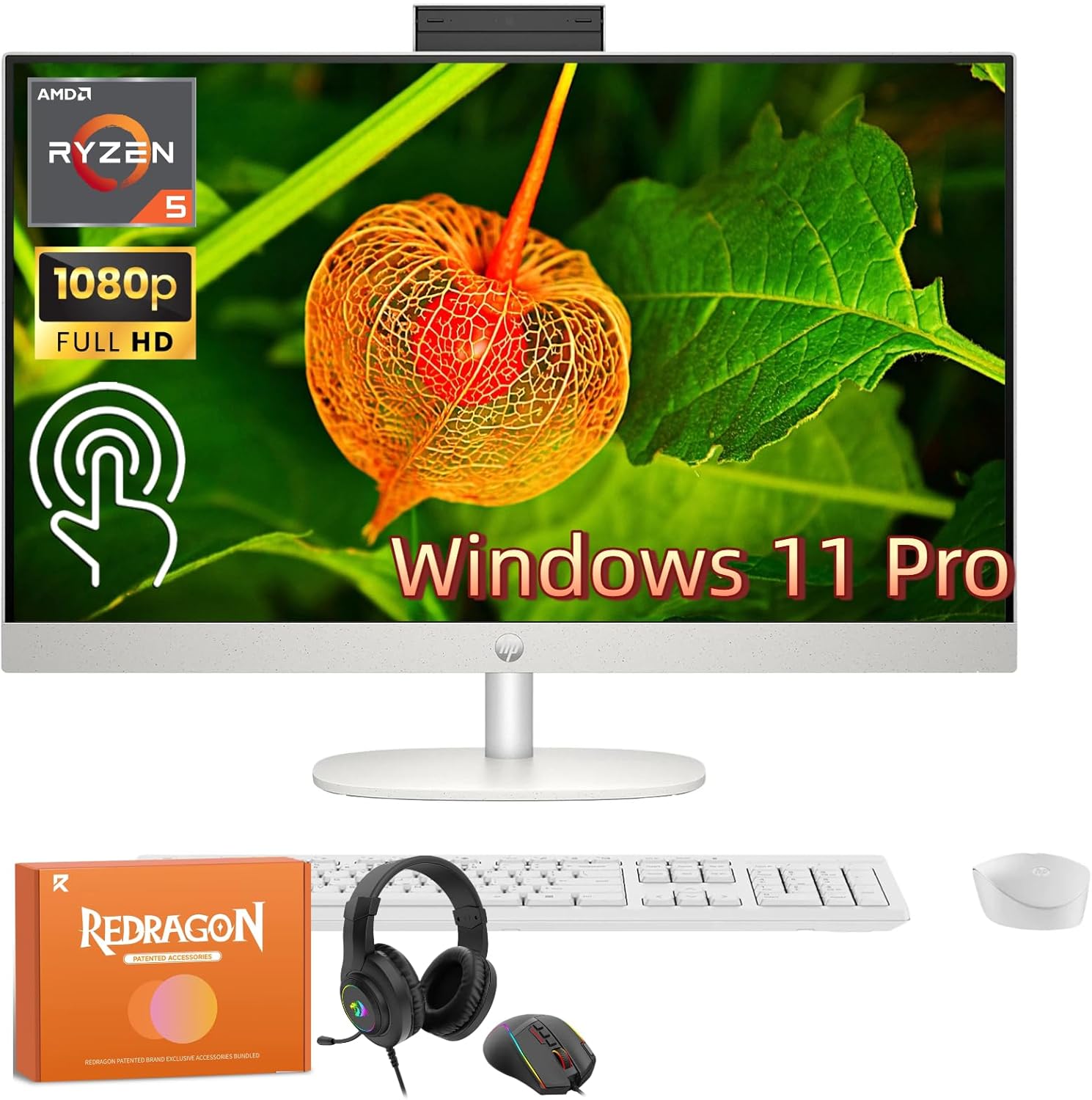 HP All in One Desktop Computer 27 Inch, AMD Ryzen 5 7520U, AMD Radeon Graphics, 16GB DDR5, 2TB SSD, FHD (1920 x 1080) Anti-glare Touchscreen, Wi-Fi 6, Windows 11 Pro, Headphone and Mouse Accessory Kit