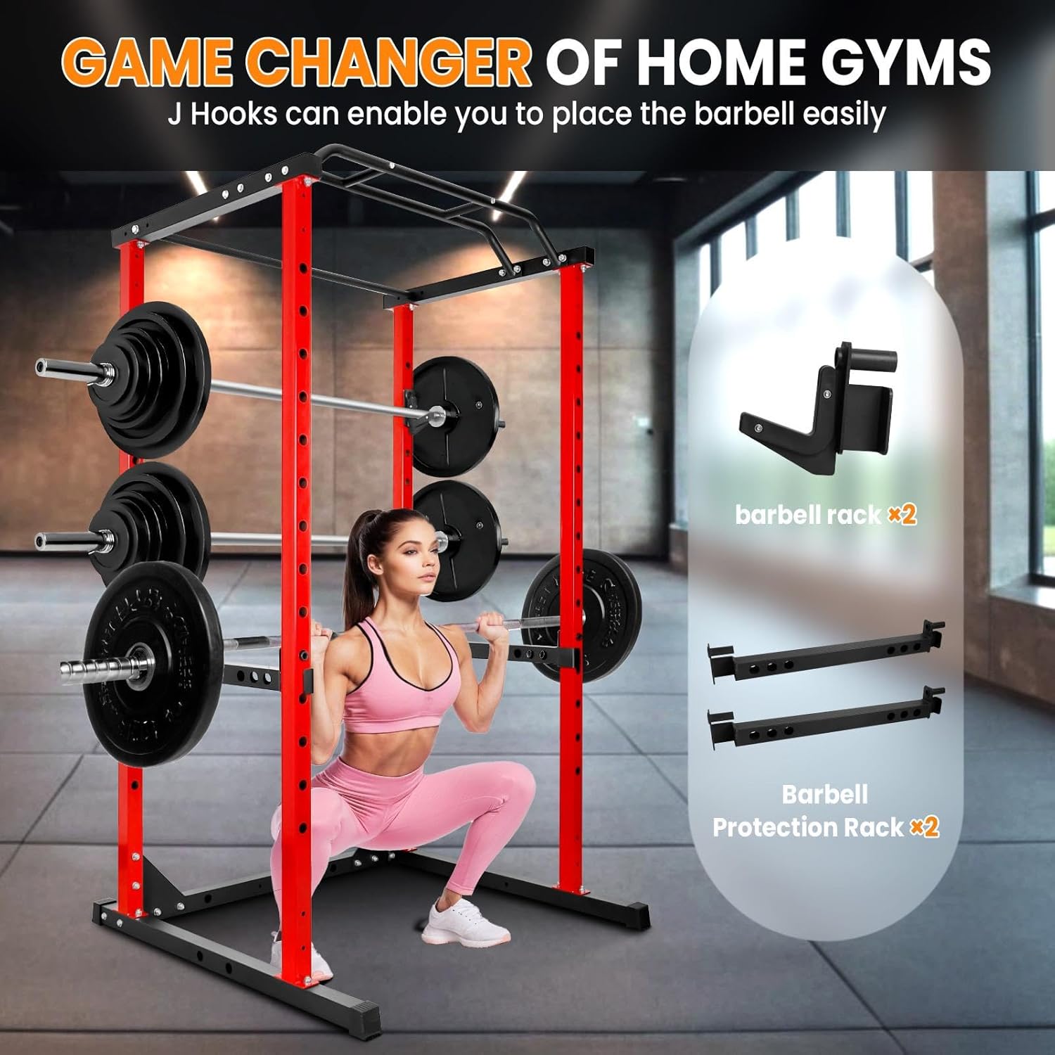 Cable Machine for Home Gym, 1200LBS Power Rack with Adjustable Squat Rack, LAT Pulldown, Red