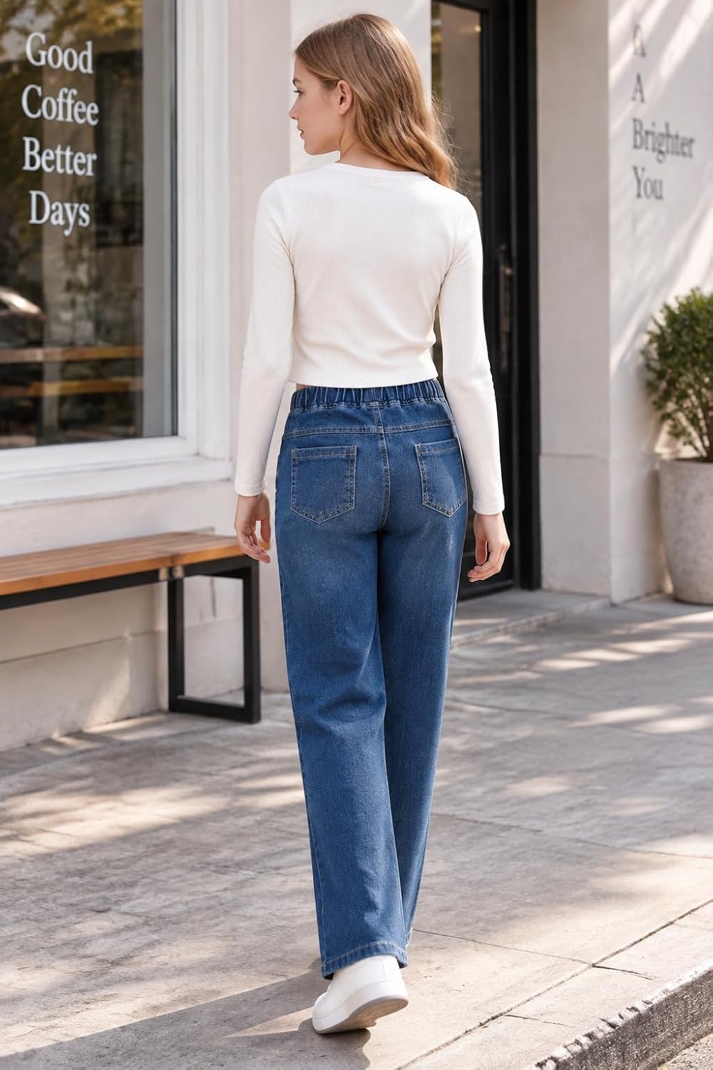 Teen Girls 2 Pack Jeans High Waist Elastic Waist Denim Pants with Pockets
