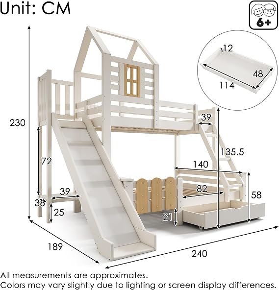 Solid Wood Bunk Bed with Slide&Drawer&Ladder&Window, 3FT Single 4FT6 Double Bunk Beds Tree House Bed Children's Bed with Guardrail&Slats, Three Sleeper Loft Bed Frame for Kids Teens Adults, White