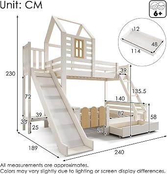 Solid Wood Bunk Bed with Slide&Drawer&Ladder&Window, 3FT Single 4FT6 Double Bunk Beds Tree House Bed Children's Bed with Guardrail&Slats, Three Sleeper Loft Bed Frame for Kids Teens Adults, White