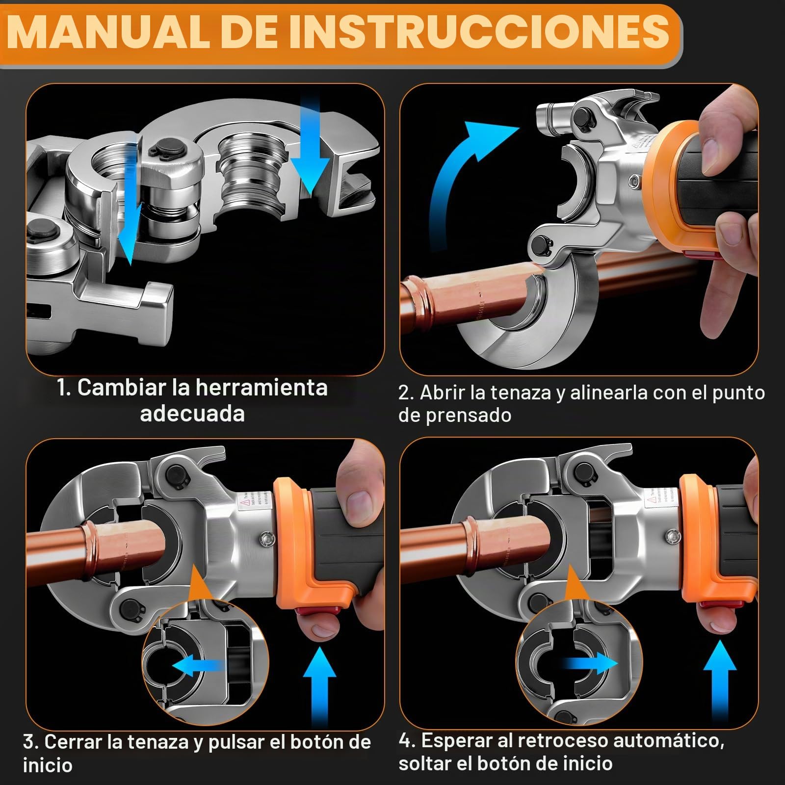 Prensa de tubos hidráulica con batería Vrietina, con contorno CR V y contorno CR TH, prensa eléctrica de 18V para tubos de cobre incl. V15-18-22-28 y TH16-20-26-32, 2 * 5 Ah baterías y cargador rápido