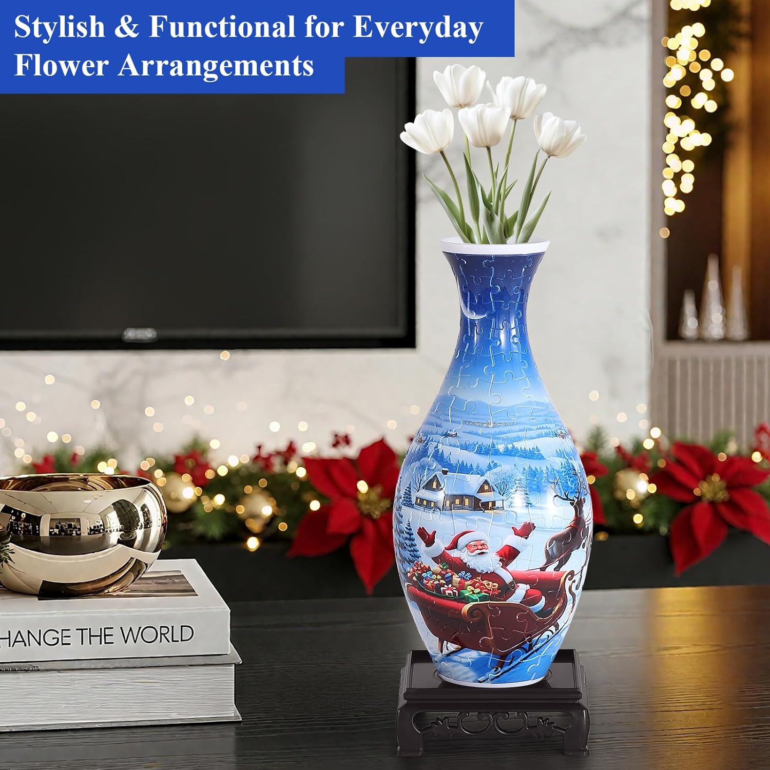 wowsome 3D Puzzle Vase for Adults, Jigsaw Puzzle Vase for Flower, Art Puzzles Gift for Women House Flowers Arrangements and Home Decoration (Santa Moon)
