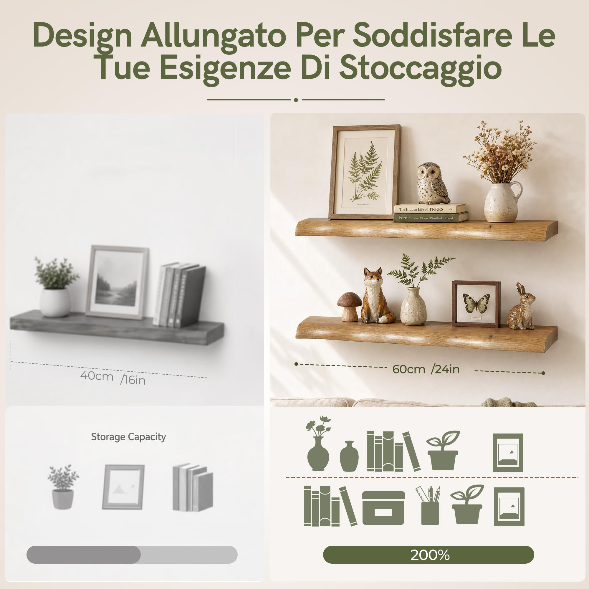 Afuly Mensole da Muro, Bordo Ondulato con Effetto Rovere, Set di 2, 60 cm | Supporti nascosti, per libri, piante, foto e decorazioni, soggiorno, camera e bagno, per esposizione e spazio contenitivo