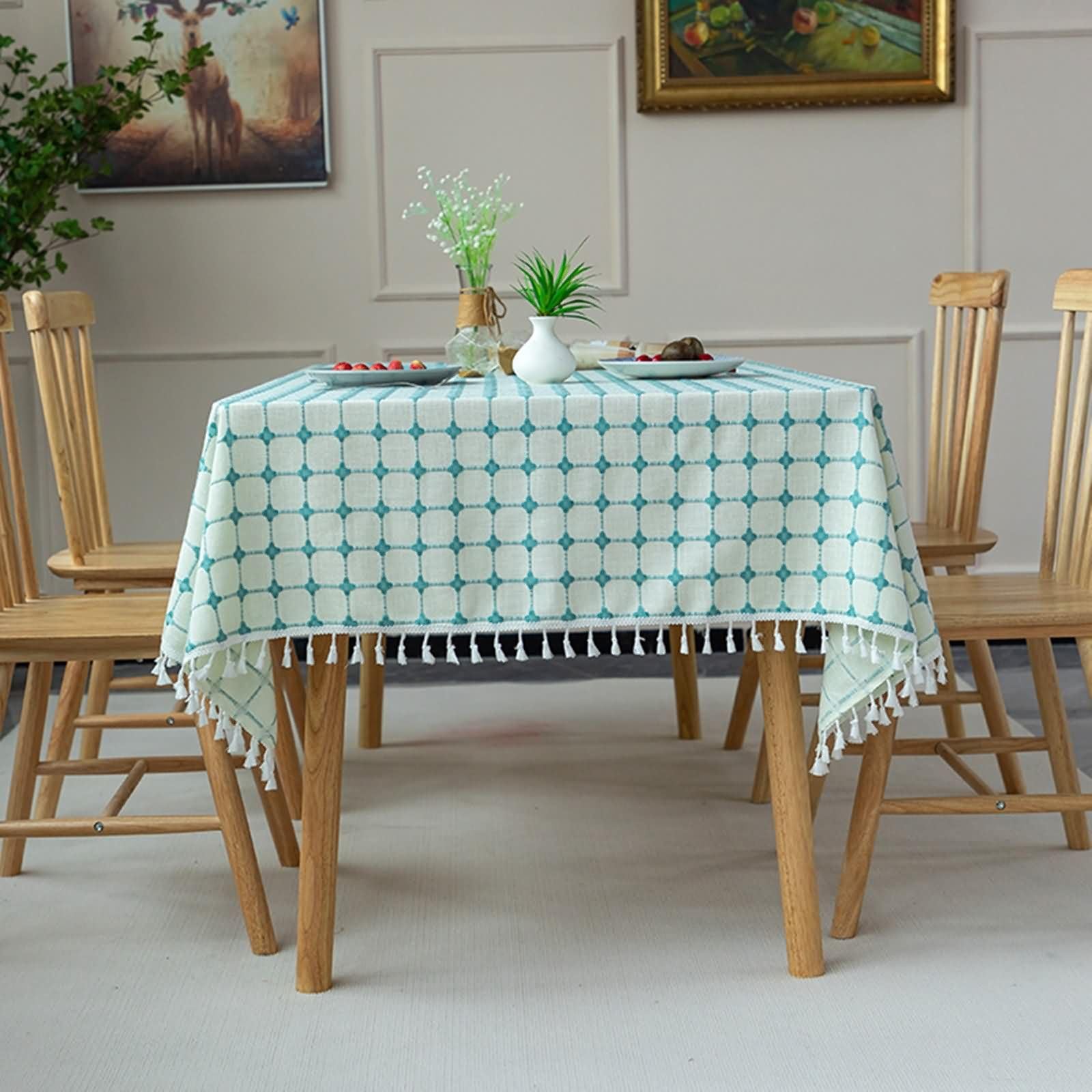 Nappe Bleu Vert Lavable Rectangulaire, Peint avec des Glands, Polyester Élégant, 140 x 300 cm, pour Intérieur et Terrasse