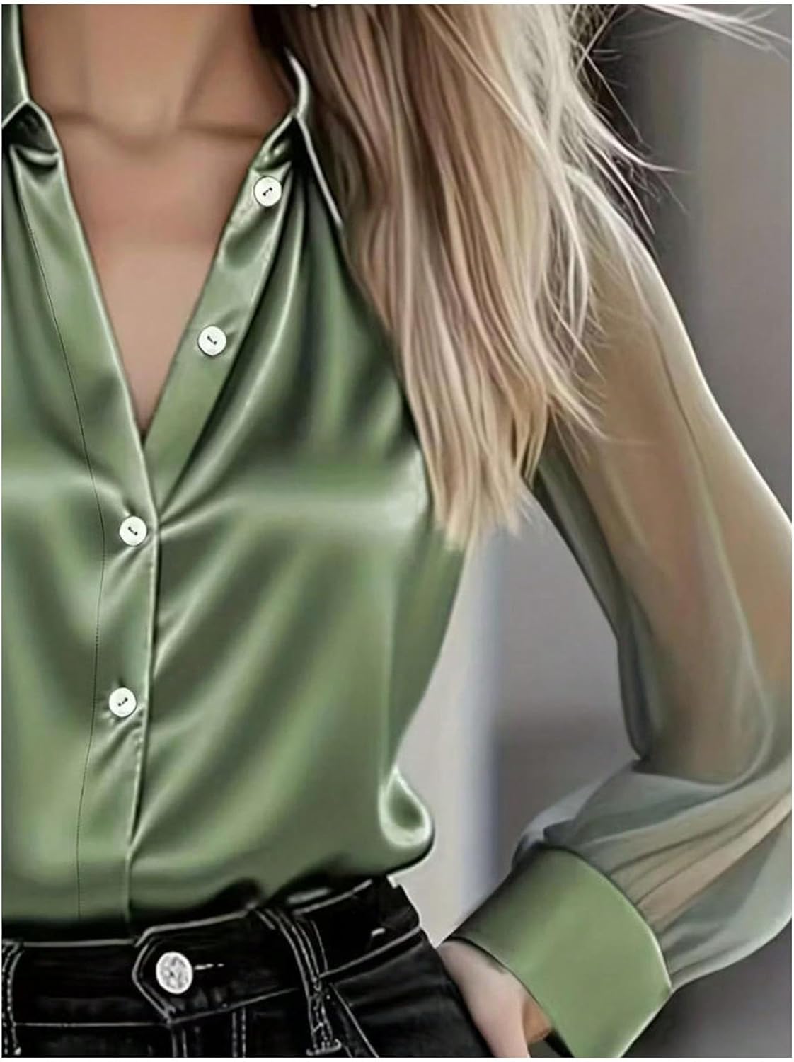 GORGLITTER Women's Satin Blouse Sheer Mesh Long Sleeve Button Down Dressy 2026 Business Work Casual Shirts - Image 4