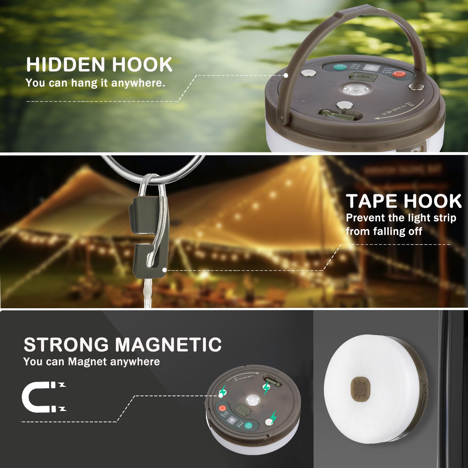 Camping-Lichterkette, 4-in-1-Camping-Lichterkette für den Außenbereich (10 m) mit 8 Beleuchtungsmodi, solarbetrieben und per USB wiederaufladbares Licht mit Fernbedienung für Camping, Hof und Wandern