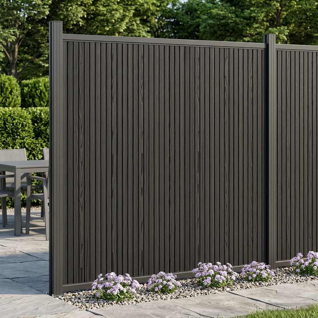 Panneau de clôture WPC et aluminium noir 173 x 186 cm pour jardin extérieur terrasse balcon piscine, barrière rigide composite PVC bois métal, occultation séparation intimité